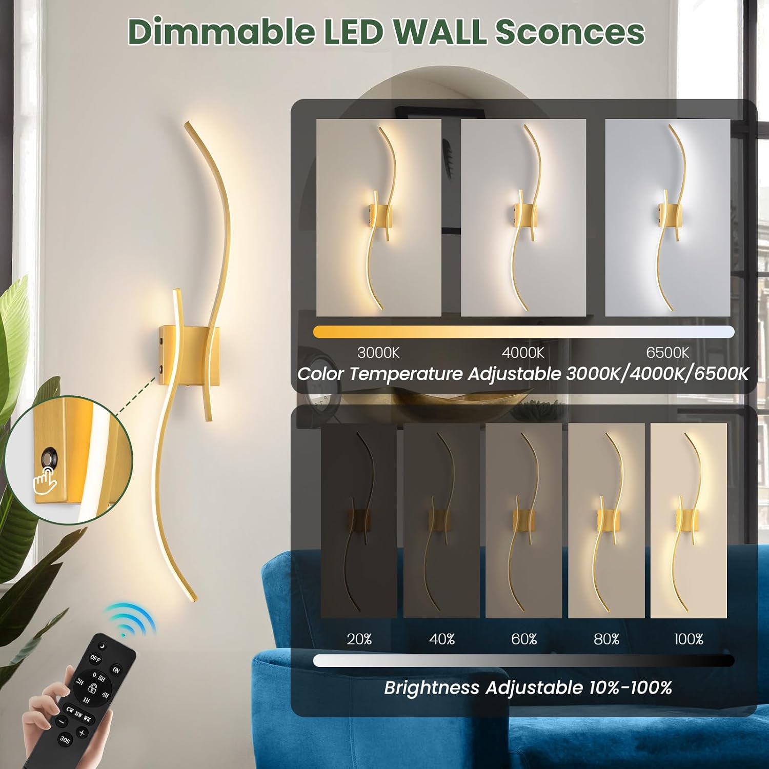 CANEOE Battery Operated Wall Sconce Set of 2, 18000mAh Gold Rechargeable Wall Lights with Remote Control,3000K-6000K