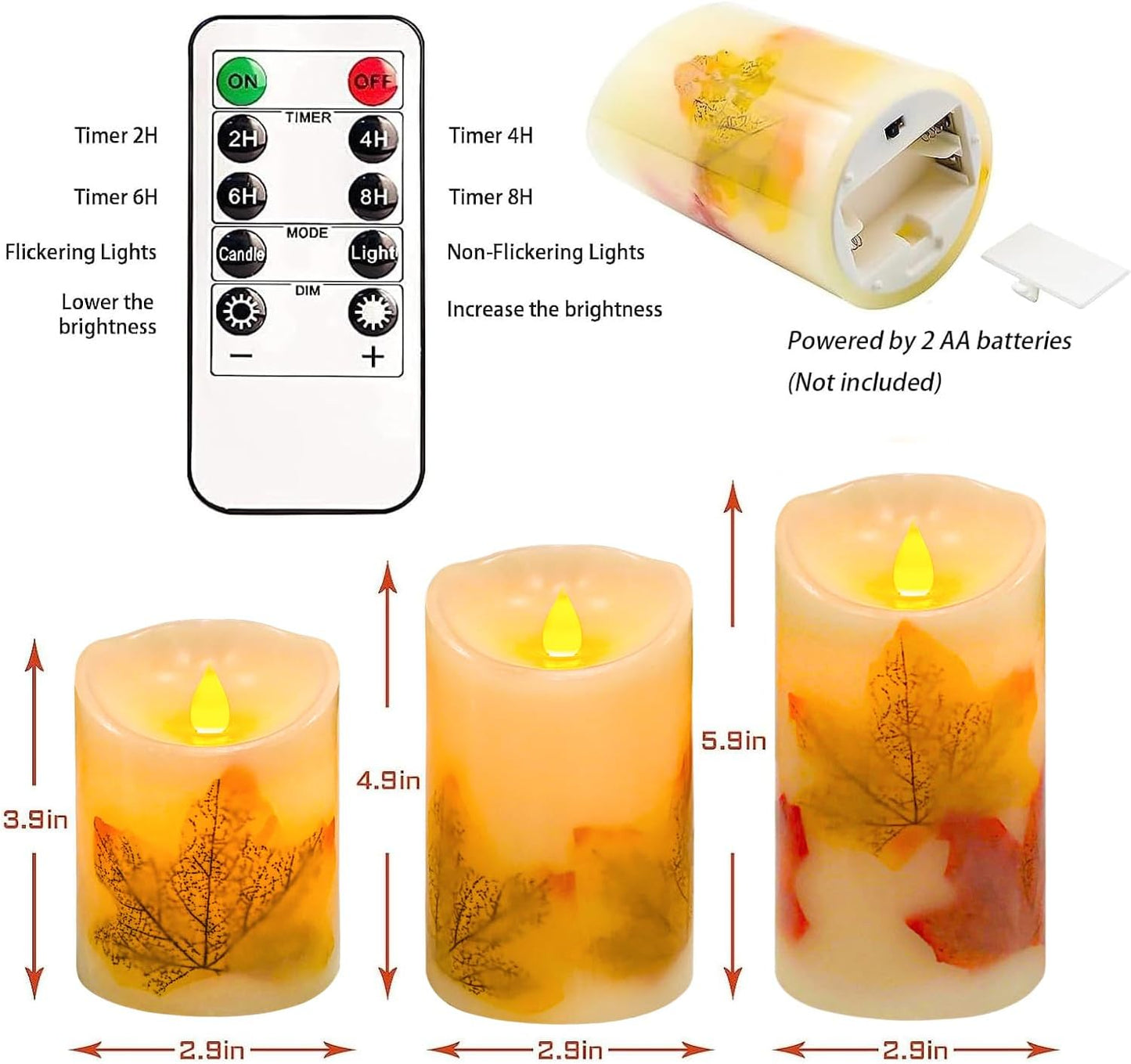Maple Leaf Flameless Candles Set of 3, Fall Candles with Remote & Timer | Flickering Real Wax Pillar Candles Battery