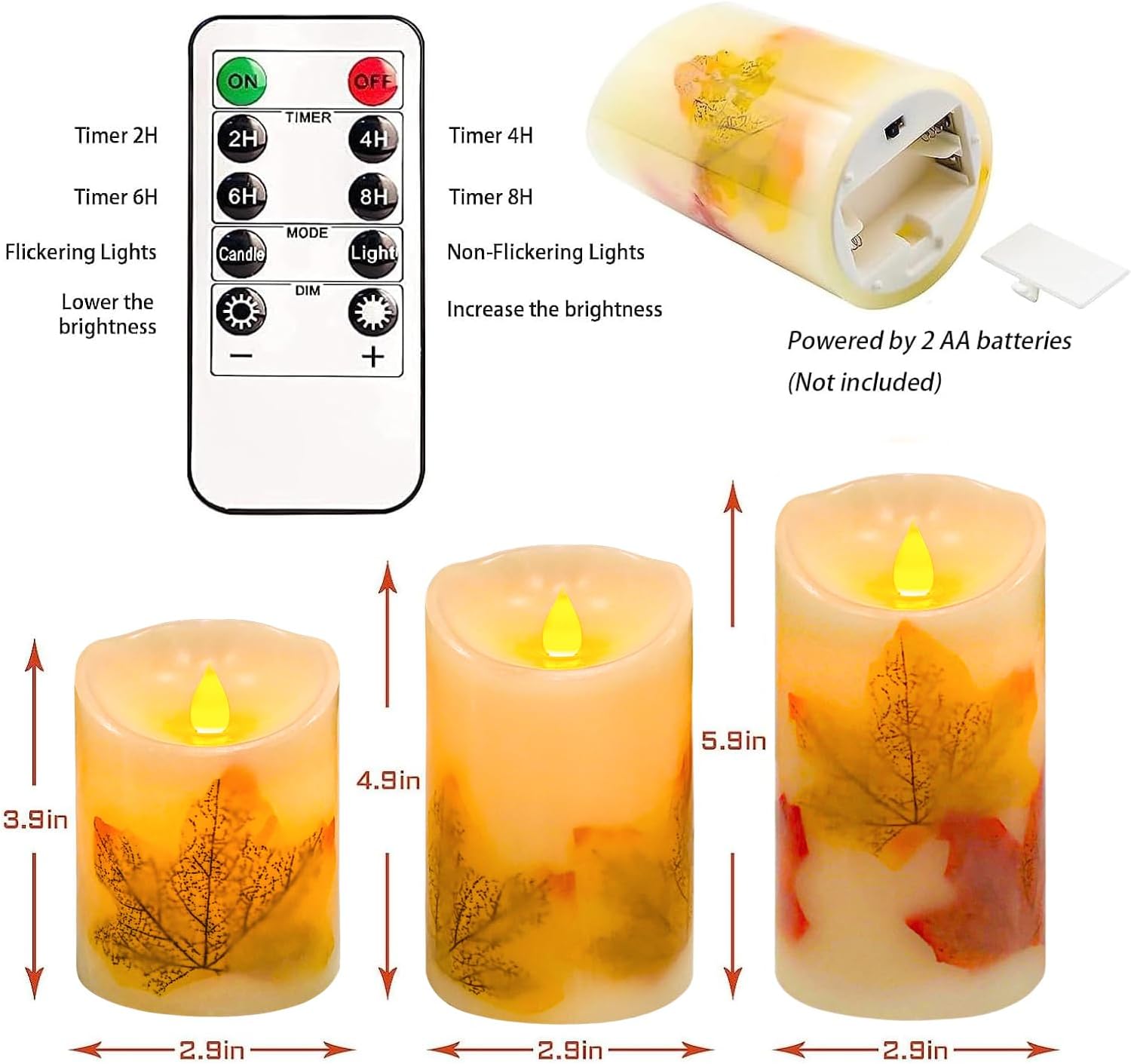Maple Leaf Flameless Candles Set of 3, Fall Candles with Remote & Timer | Flickering Real Wax Pillar Candles Battery