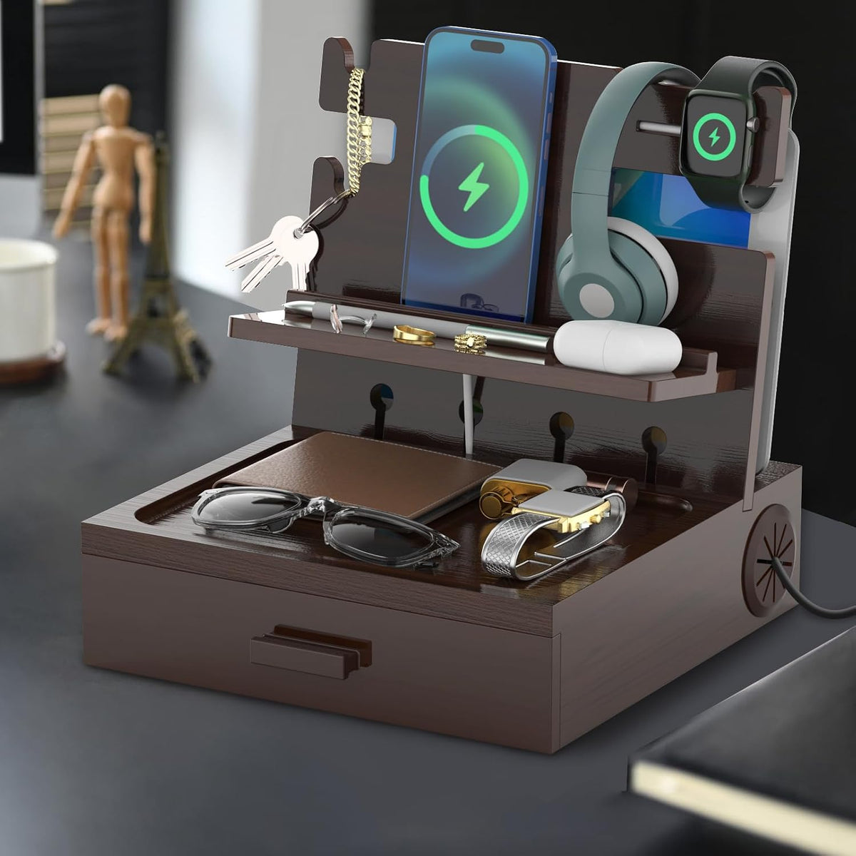 Nightstand Organizer for Men with Drawer, Wood Docking Station (Brown) | Wood Docking Station with USB Ports and AC