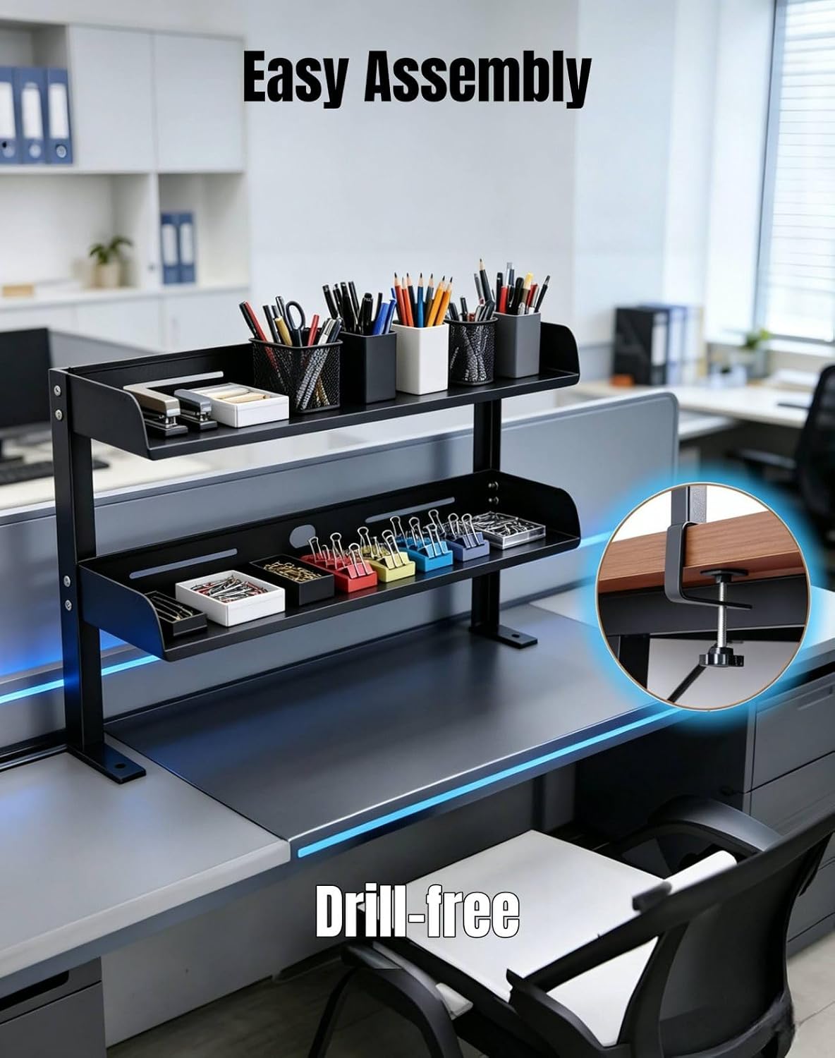 Yuxh Desk Clamp Shelf 16 Inch, Black | Space-saving, clip on or under shelf for panel tabletop, office, easy drill-free