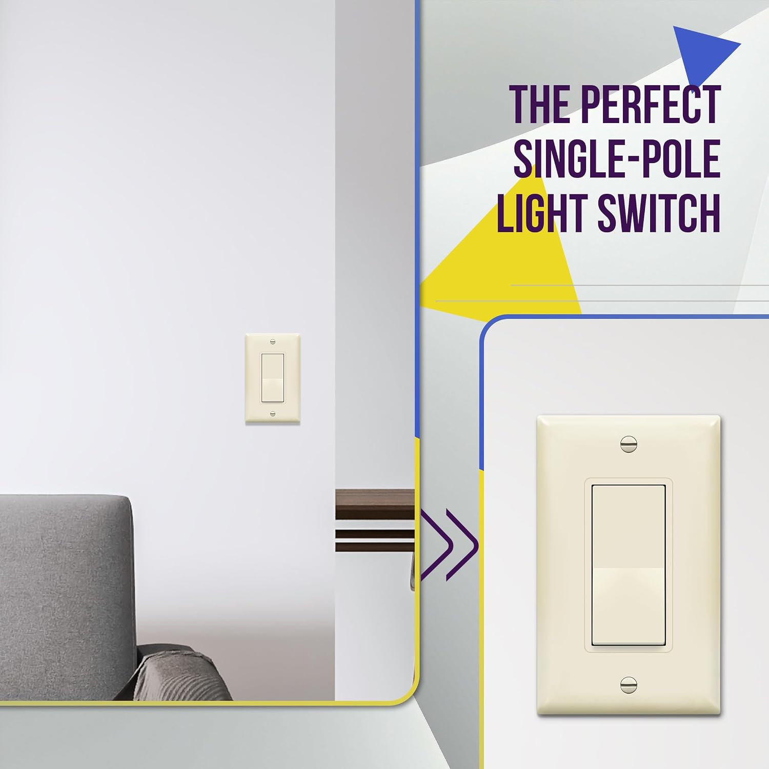 ENERLITES Decorator On/Off Paddle Switch with Wall Plates, Single Pole, 3 Wire, Grounding Screw, Residential Grade, 15A