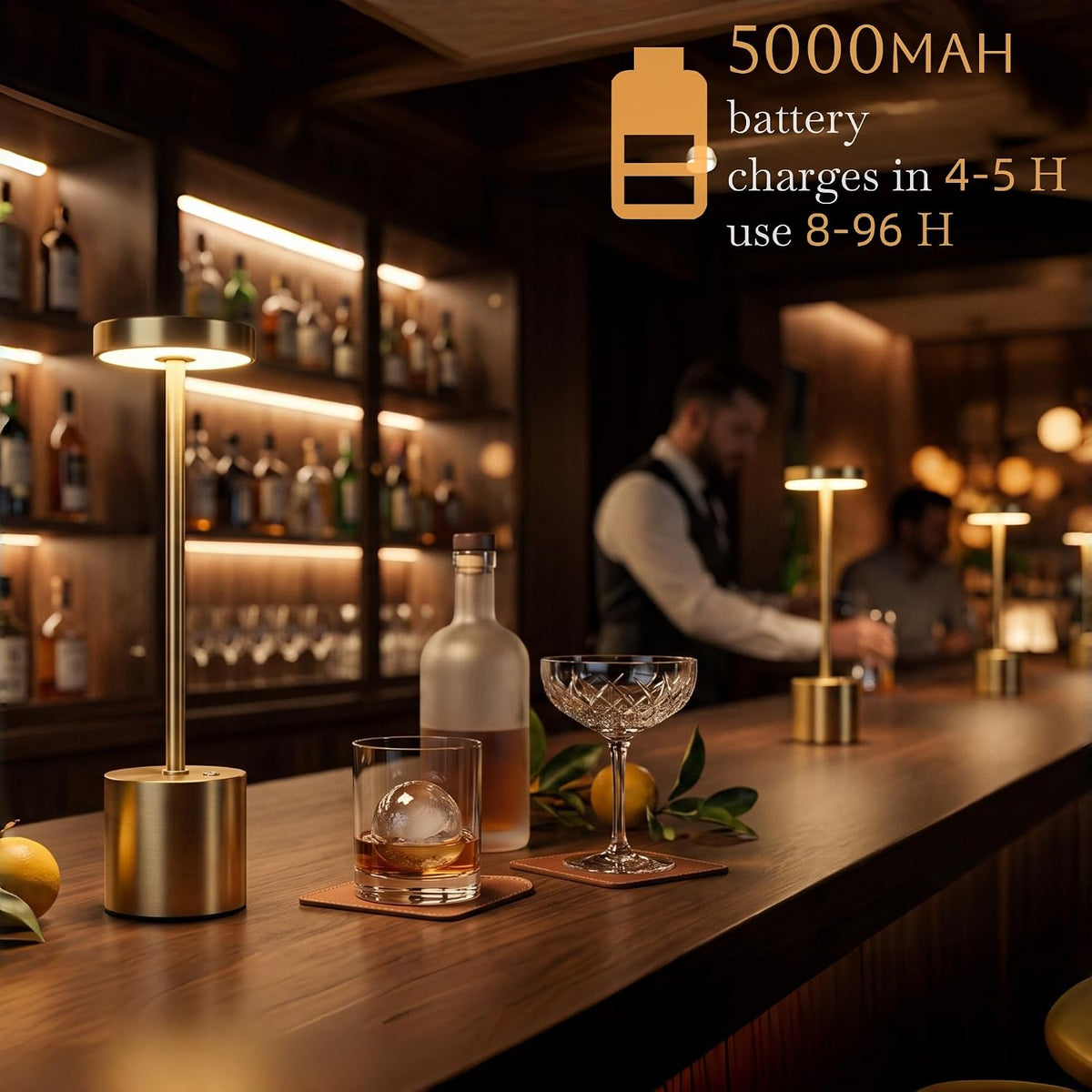 Cordless Table Lamp Set of 2, Gold Rechargeable Table Light | 5000mAh Battery Wireless 3 Color Dimmable Touch Lamp