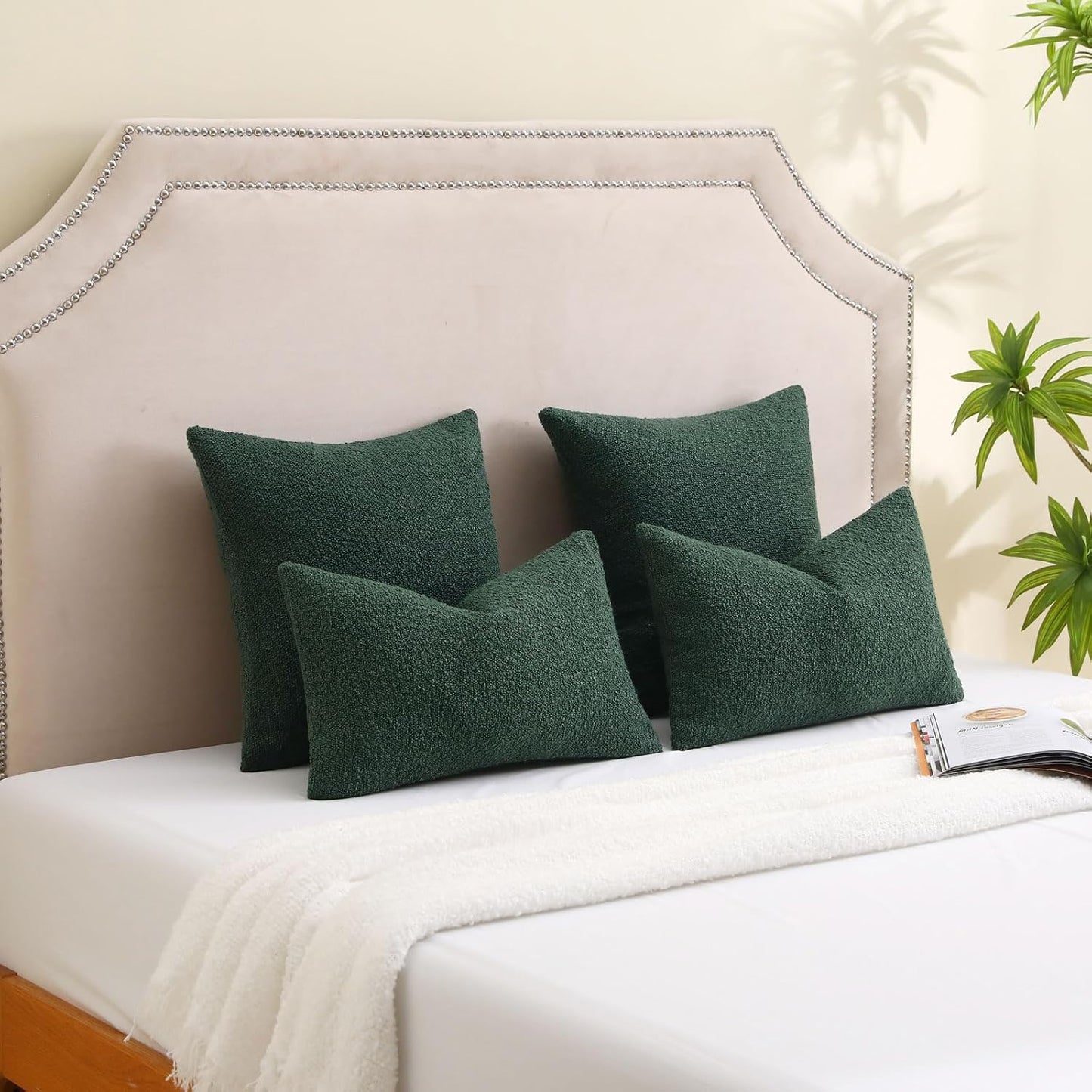 Dark Decorative Throw Pillow Covers Soft Solid Boucle Textured Cushion / Green / 18 x 18 / Set of 2
