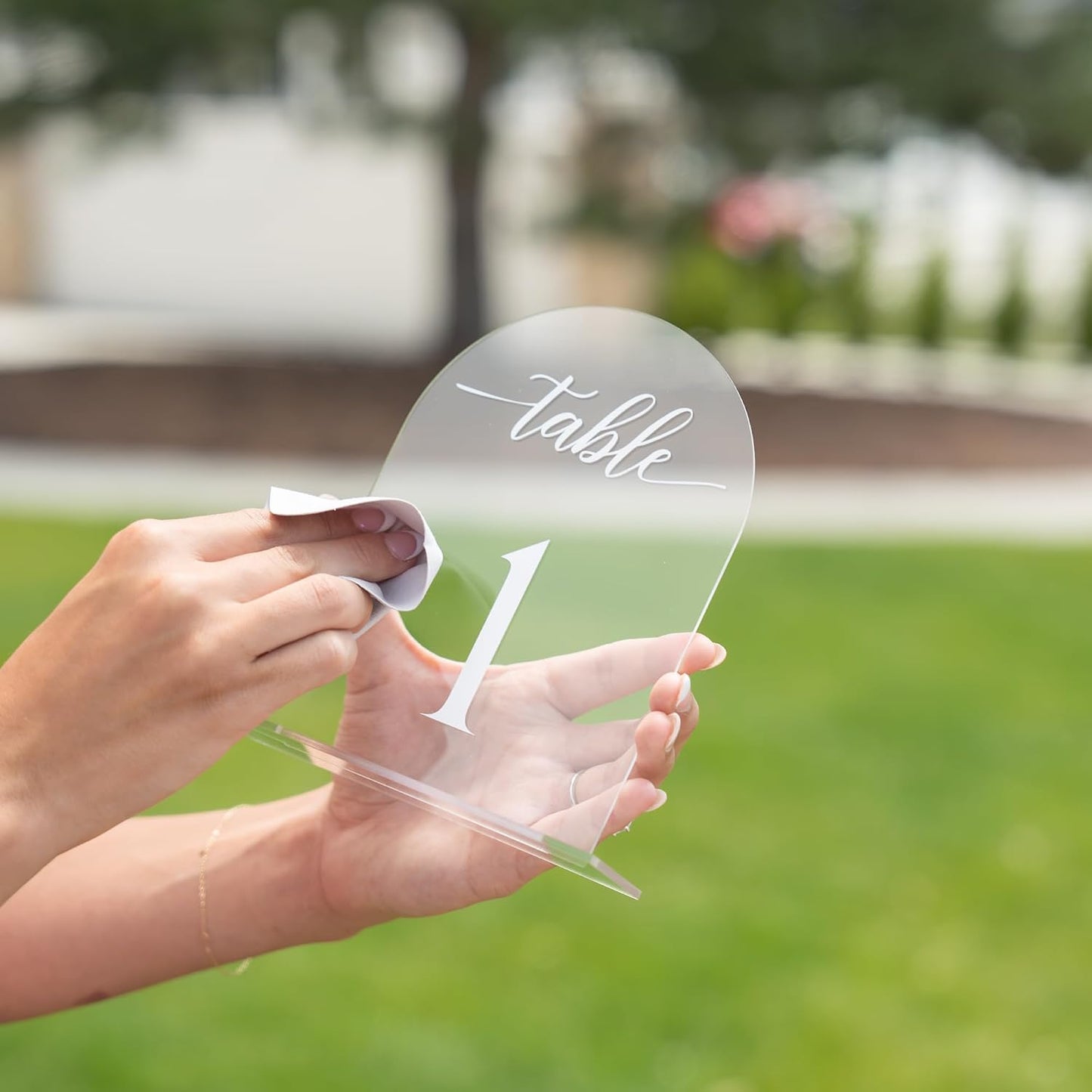 Clear Arch Acrylic Table Numbers for Wedding Reception - 5" x 7" White Font Centerpiece Set with Holder Stands & Head
