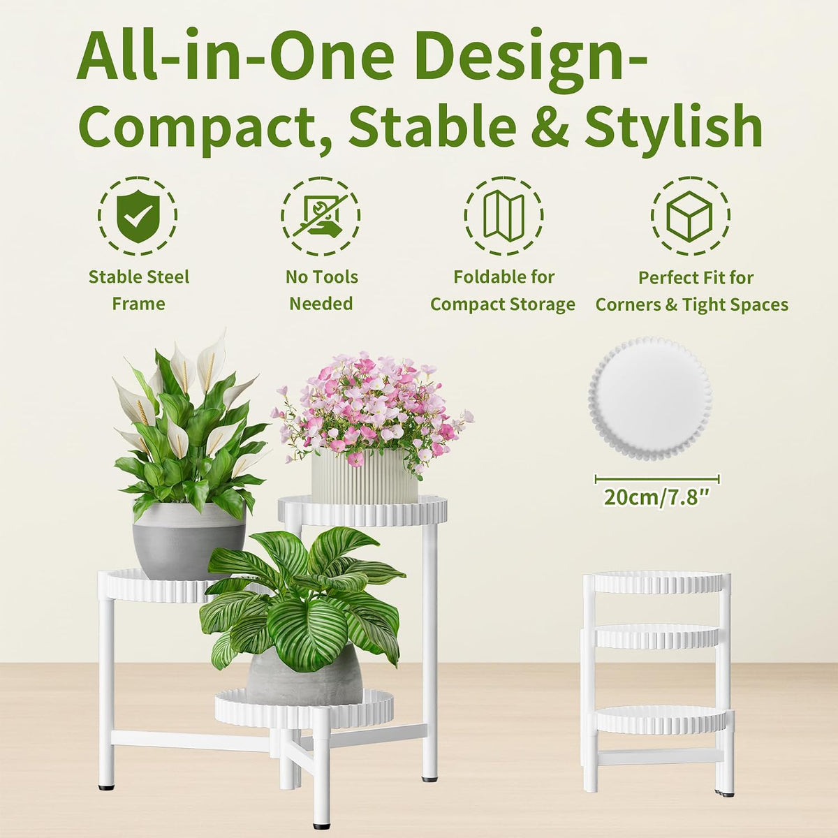 3 Tiered Tall Plant Stand Indoor Outdoor, Metral Flodable Plant Stand for Corner Display Rack Shelf, Multi-Tier Folding