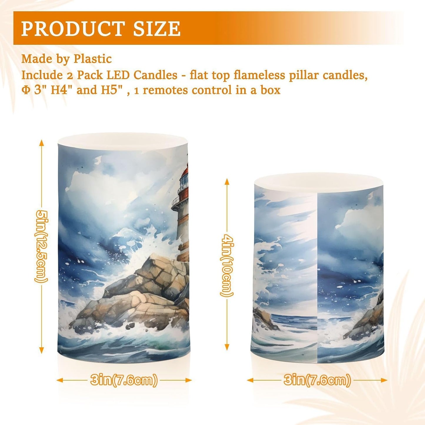 Flickering Flameless Candles, Lighthouse Ocean LED Candles with Remote Timer, Set of 2 Battery Operated Candle for