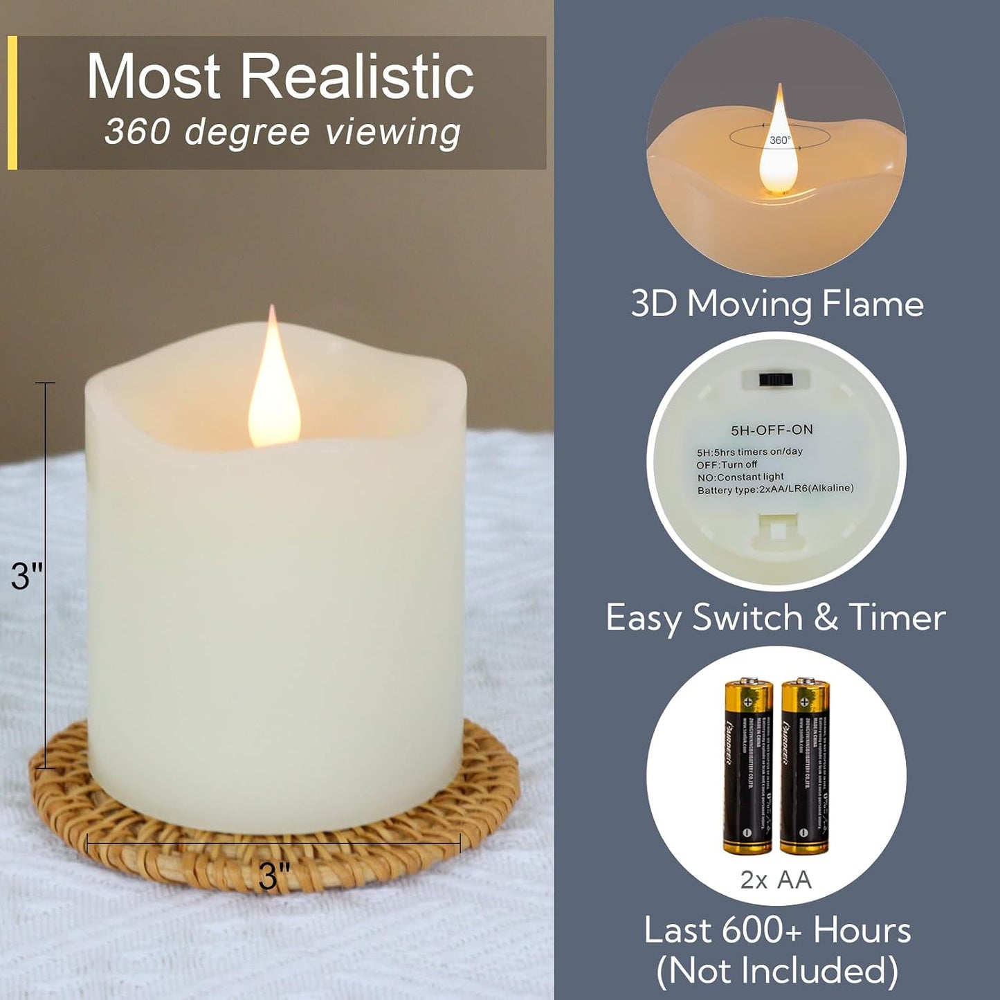 Flameless Candles Battery Operated with Remote Timer, 3D Moving Flame Flickering, Last 600+ Hours Battery Candles, 3" x