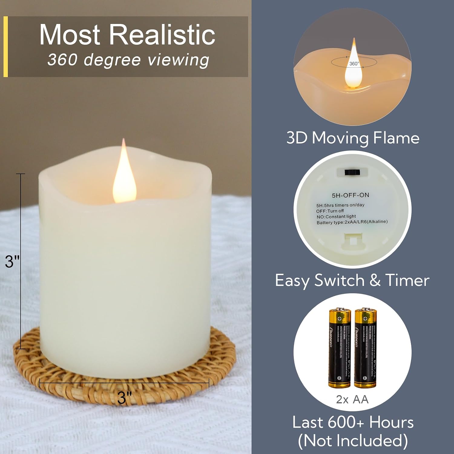 Flameless Candles Battery Operated with Remote Timer, 3D Moving Flame Flickering, Last 600+ Hours Battery Candles, 3" x