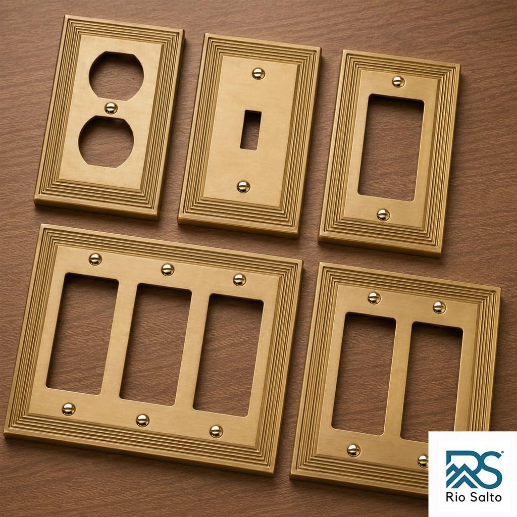 Rio Salto Double Rocker Light Switch Cover Plate 2 Decorator Paddle GFCI 2-Gang Brushed Brass Gold Metal Outlet Covers