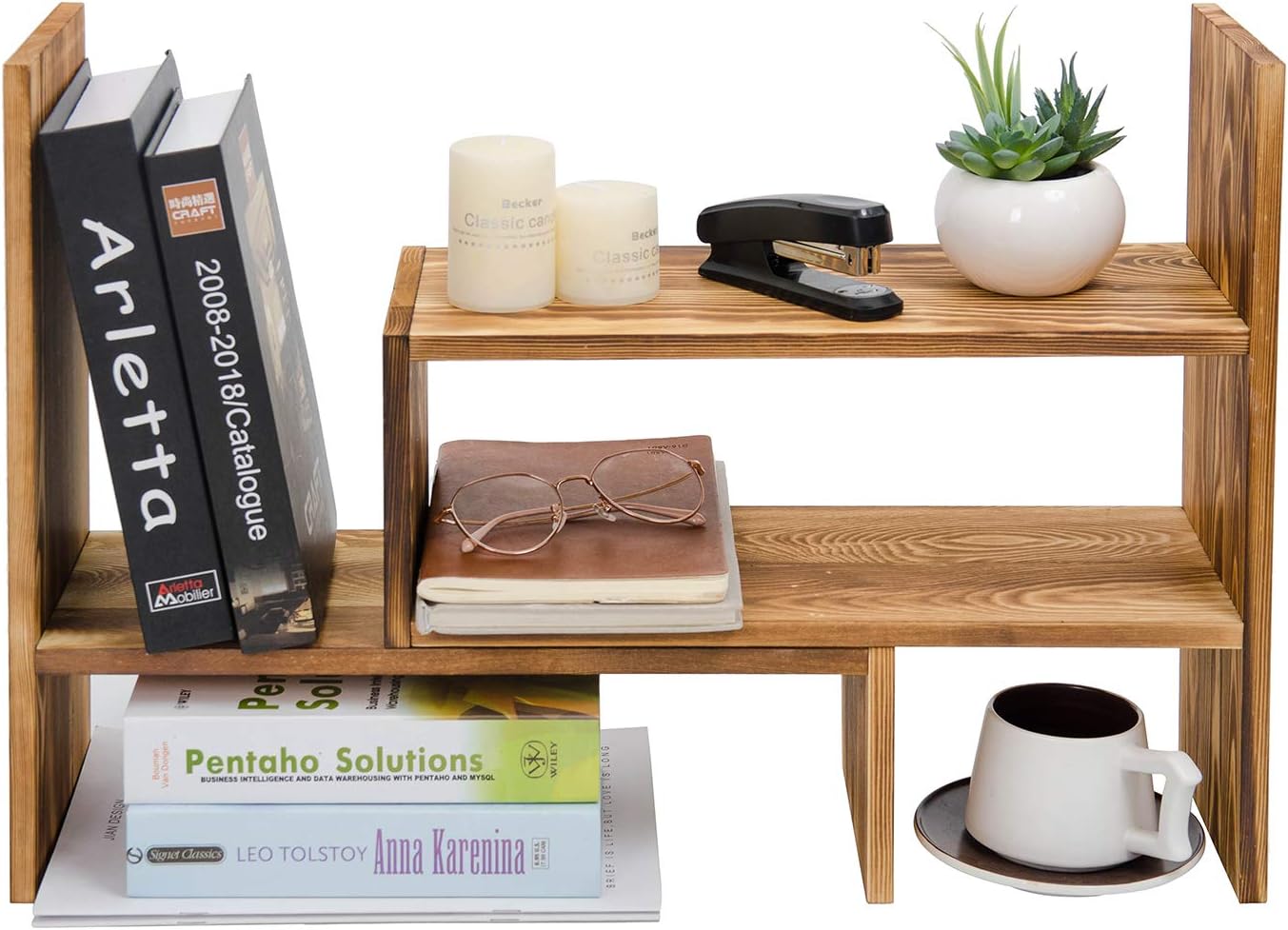 Adjustable Extendable Natural Wood Desktop Organizer Caddy Desk Organizer Countertop Shelf Bookcase Display Stand Rack