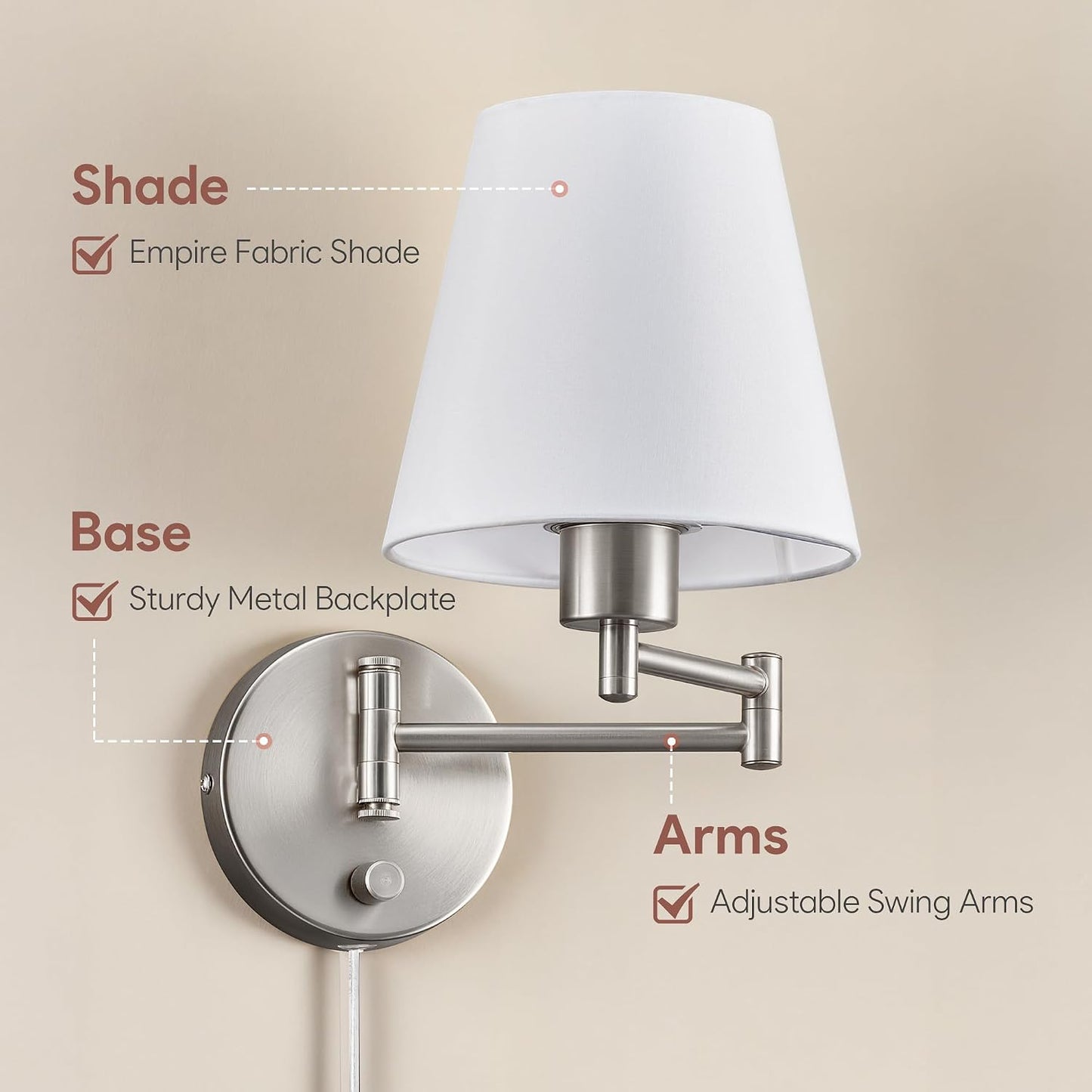 VONLUCE Wall Lamp, Plug in & Swing Arm Wall Sconce, Nickel Finish | Modern Wall Lights with White Fabric Shades, Plug