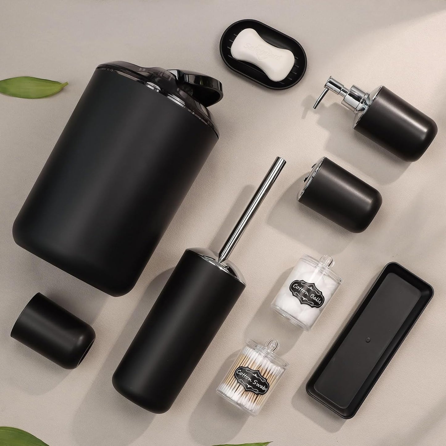 IMAVO Bathroom Accessories Set,Black Bathroom Set,9 Pieces Bathroom Accessory Set,Tray,Qtip Holders,Toilet Brush,Trash
