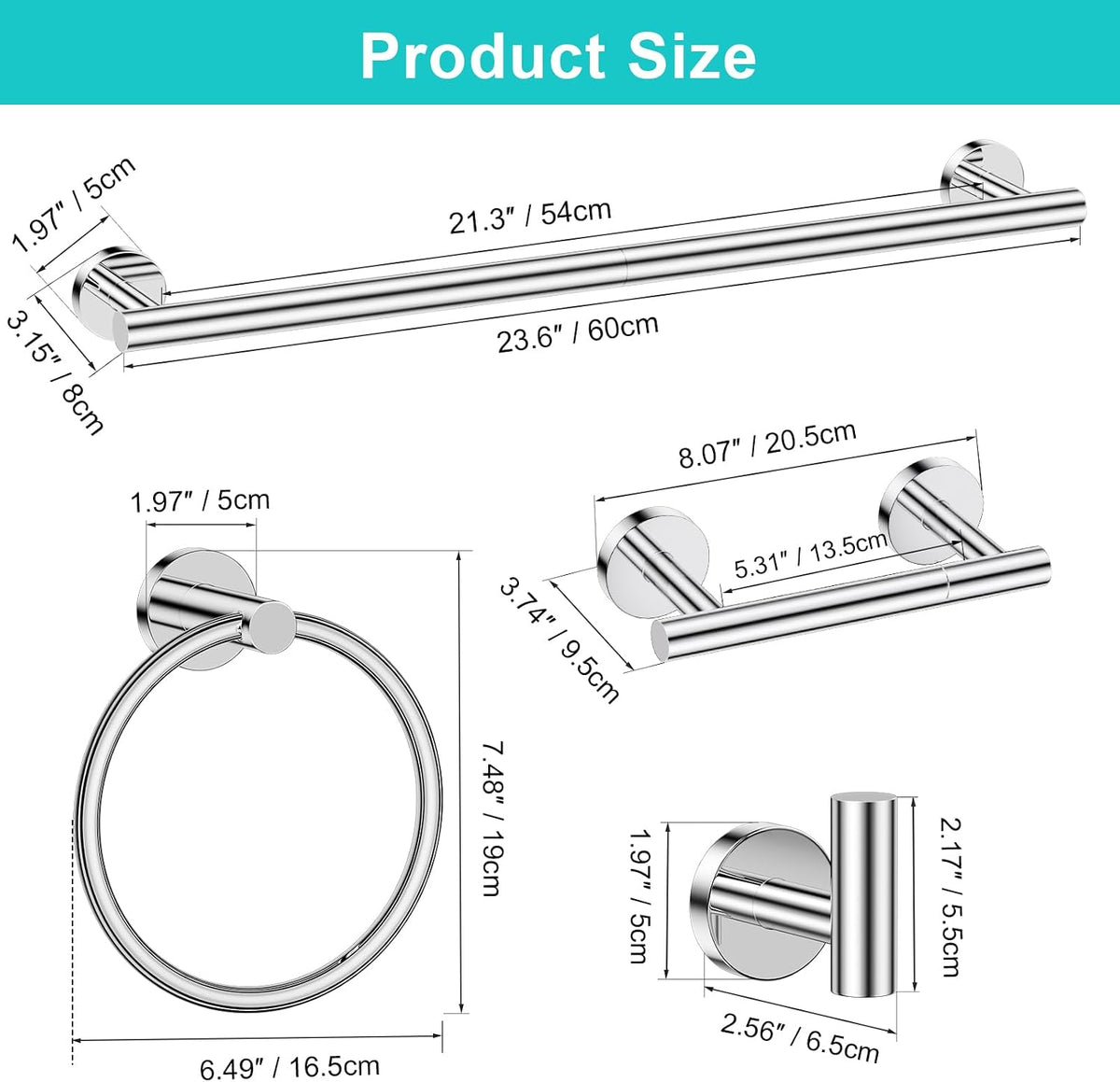 Polished Chrome Towel Bar Bathroom Hardware Accessories Set, 5 Pieces Toilet Paper Holder Towel Racks Set for Bathroom