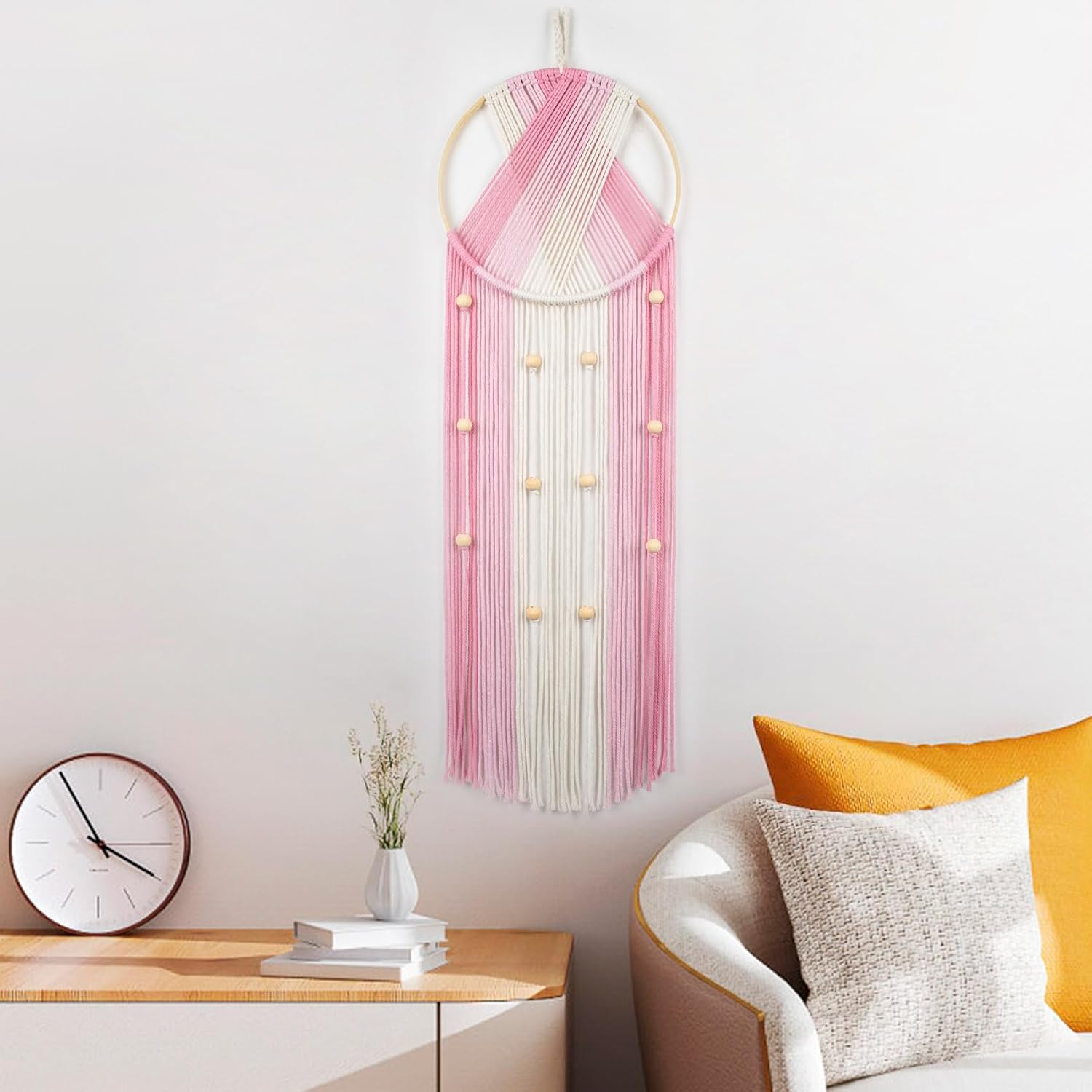 Pink Macrame Wall Hanging Boho Wall Decor Dream Catcher Handmade Woven Tapestry / Pink Beige