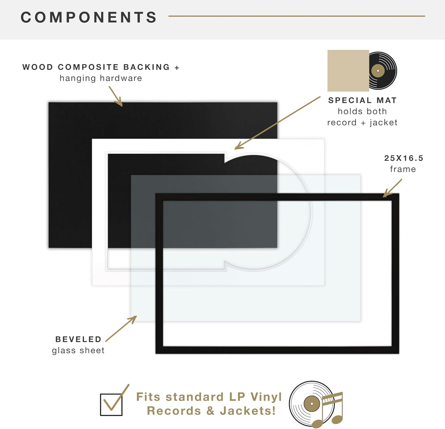 MCS Double Matted Record Album Frame, 16.5x25, Black With White Mat | Double Matted Frame Displays Vinyl LP Record And