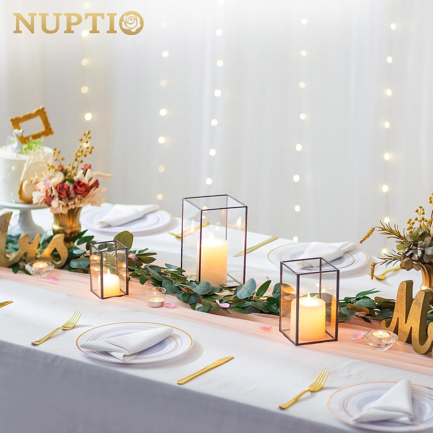 NUPTIO Glass Hurricane Candle Holder: 3 Pcs Black Lanterns Geometric Pillar Candles Holder Decorative Lantern
