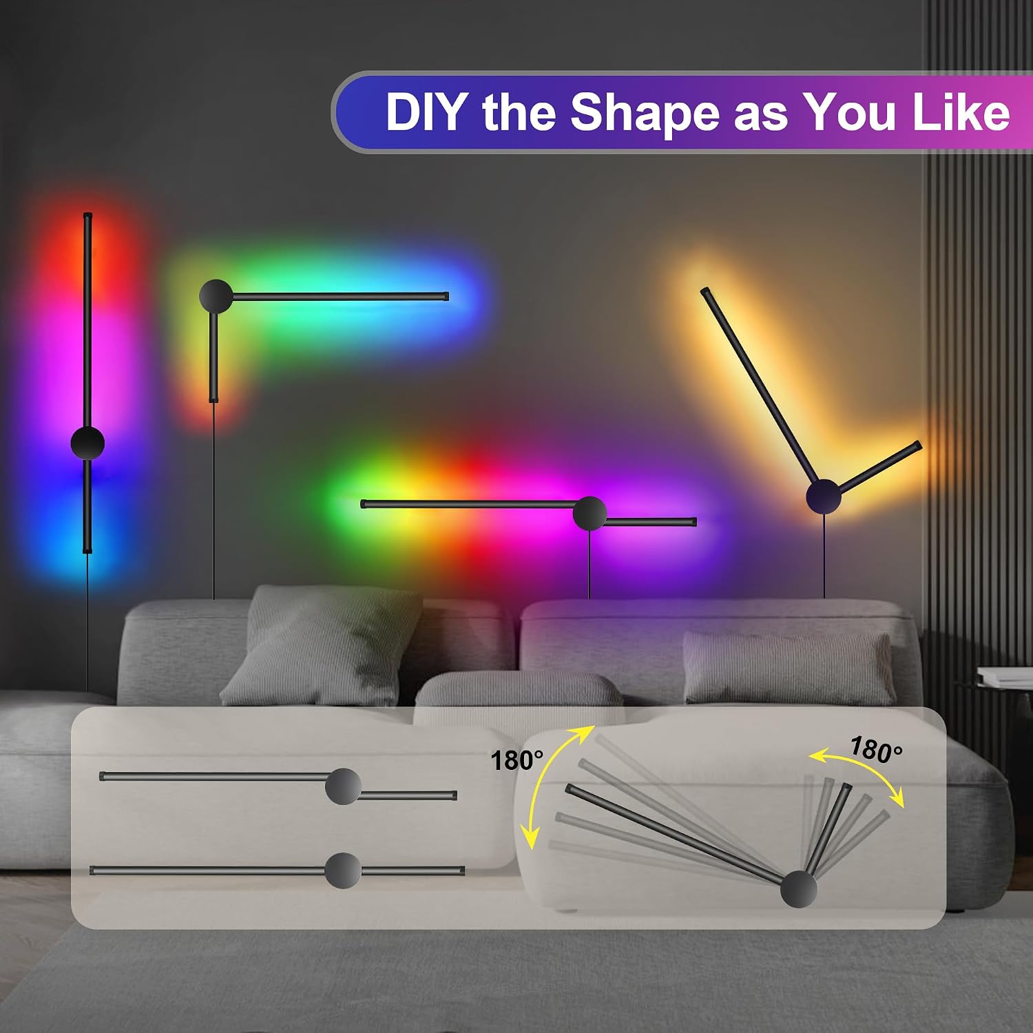 RGB LED Wall Sconces Set of Two with Remote, 15 Color Modes, Dimming, DIY 180° Rotate, Black Plug in Wall Sconces with
