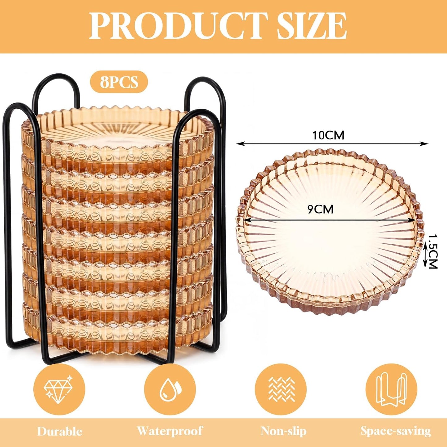 Holder Drink Coasters Crystal Round Beverage Cup Mats Candle Holder Tray / Amber / Clear / Set of 8