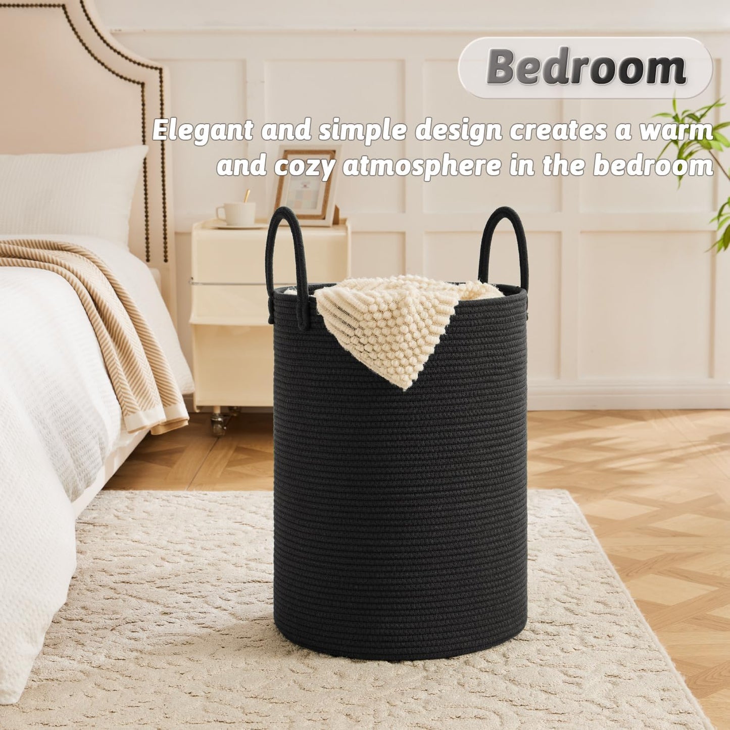 Laundry Basket / Woven Cotton Rope Laundry Hamper / Dark Black / 80L