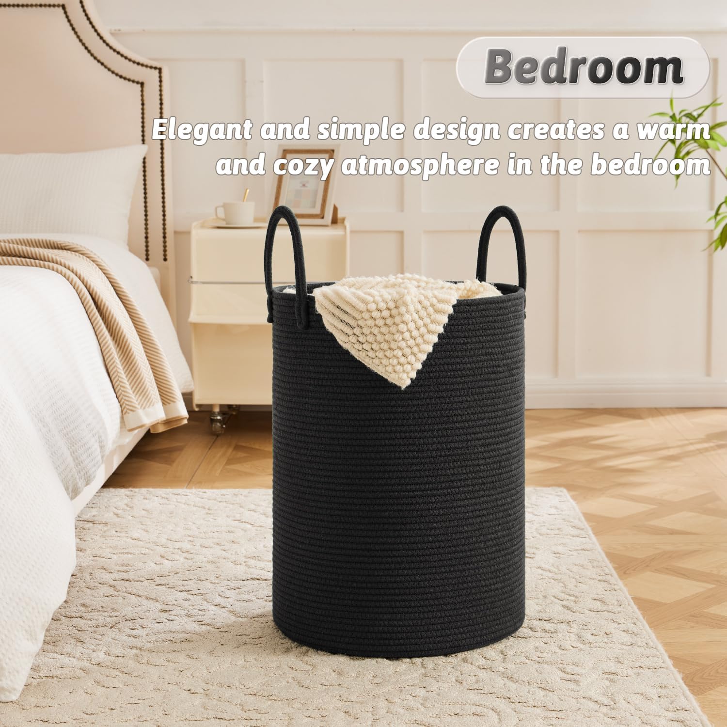 Laundry Basket / Woven Cotton Rope Laundry Hamper / Dark Black / 80L