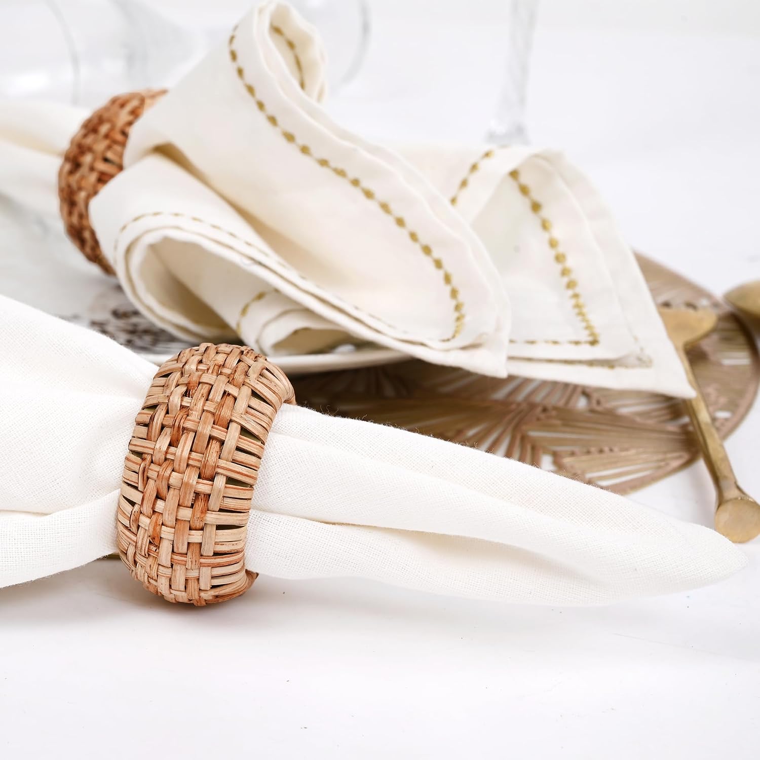 Woven Jute Napkin Rings, Set of 12, Natural Rattan | Handmade rattan, plastic base, 2.5x2.5x1 in each, set of 12