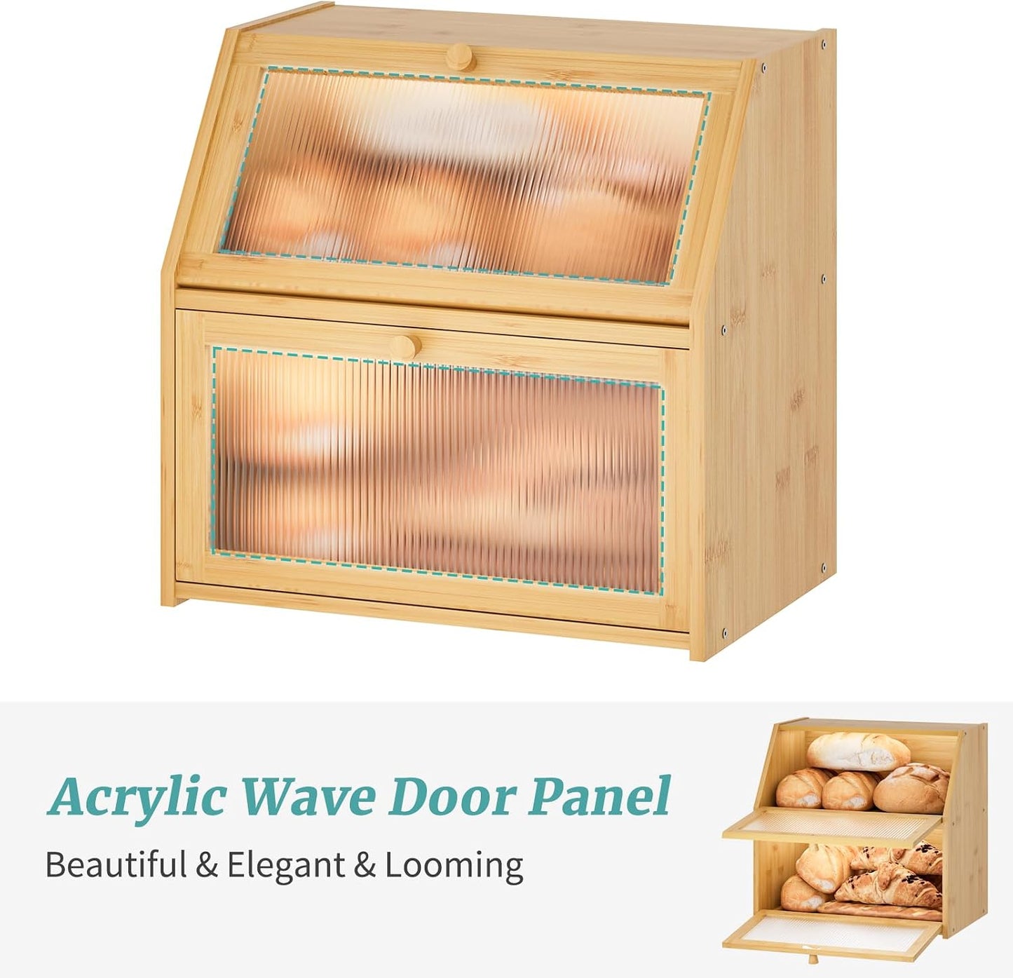 Extra Large Bread Box for Kitchen Counter, Bamboo Wood Double Layer Bread Box for Kitchen Counter, Wooden Capacity