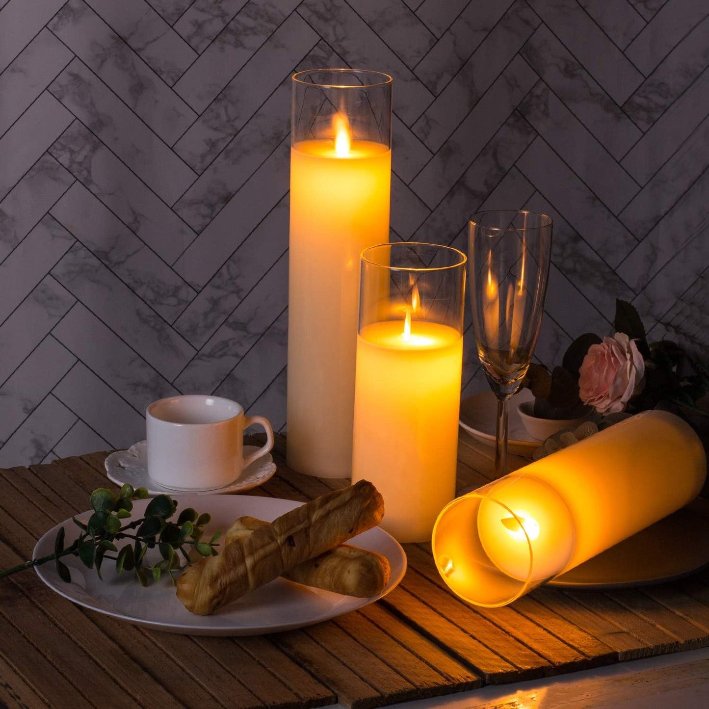 AKU TONPA Pack of 3 Flameless Candles Battery Operated Real Wax Glass Flickering LED Candle Sets with Remote Control