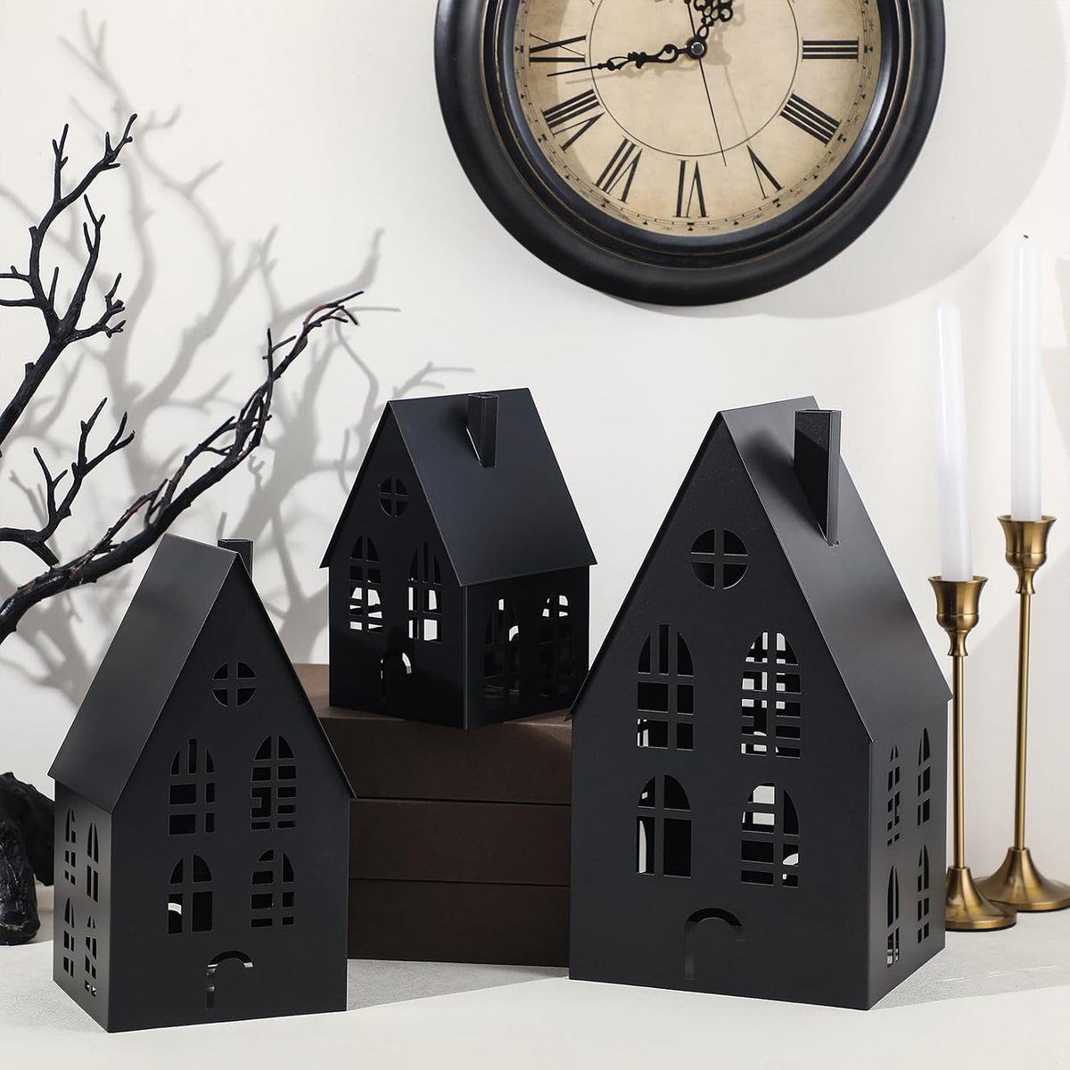Beeveer 3 Pack Halloween Black Metal Houses Tabletop Pre-lit Lanterns | Haunted Village Sculpture with Hollow Cutouts