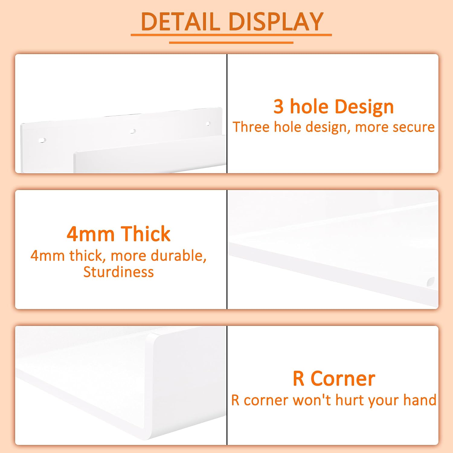 18 Inches White Acrylic Wall Display Shelf 2 Pack, Wall Shelves Organizer for Books, Bottles, Small Plants, Picture