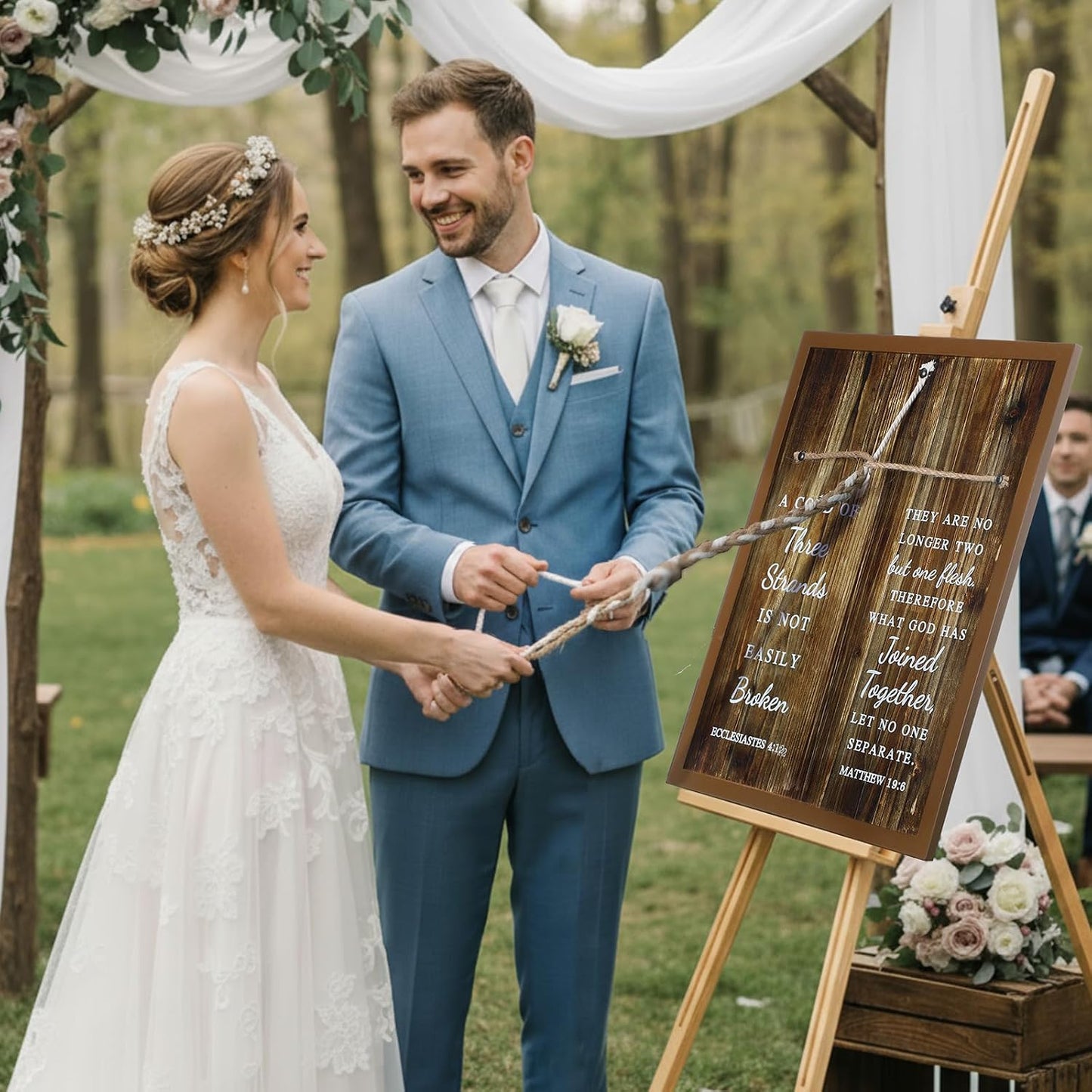 a Cord of Three Strands Christian Wedding Ceremony Knot Rope Decoration Bible / Wood Grain / 17 x 13