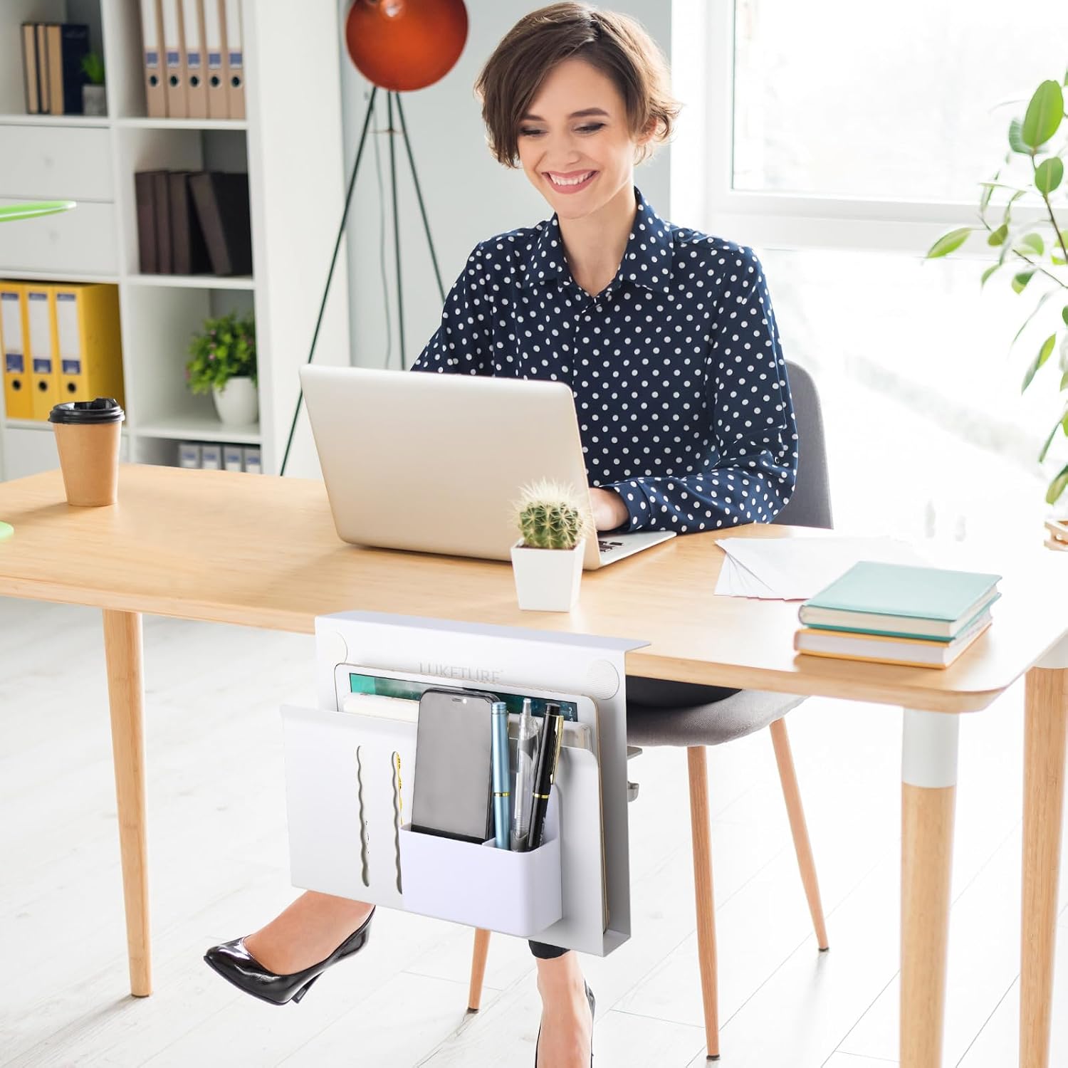 LUKETURE Desk Side Storage, Steel Side Desk Organizer, No Drill Laptop Holder, Clamp on Laptop Mount with Pen Holder