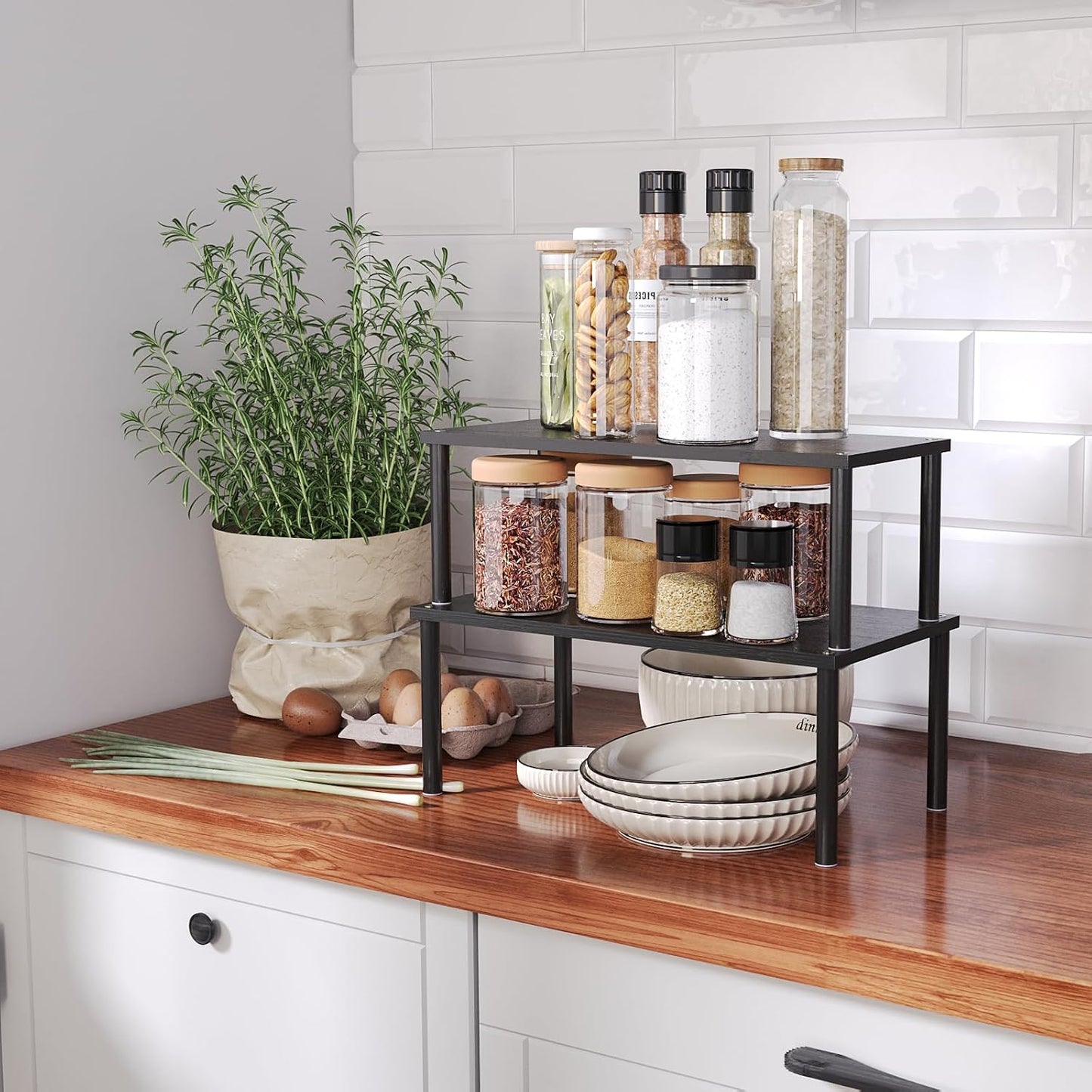 VERTORGAN 2 Pack Cabinet Organizer Shelf,Bamboo Countertop(Large,Black) | Kitchen Counter Shelves,Spice Rack Countertop