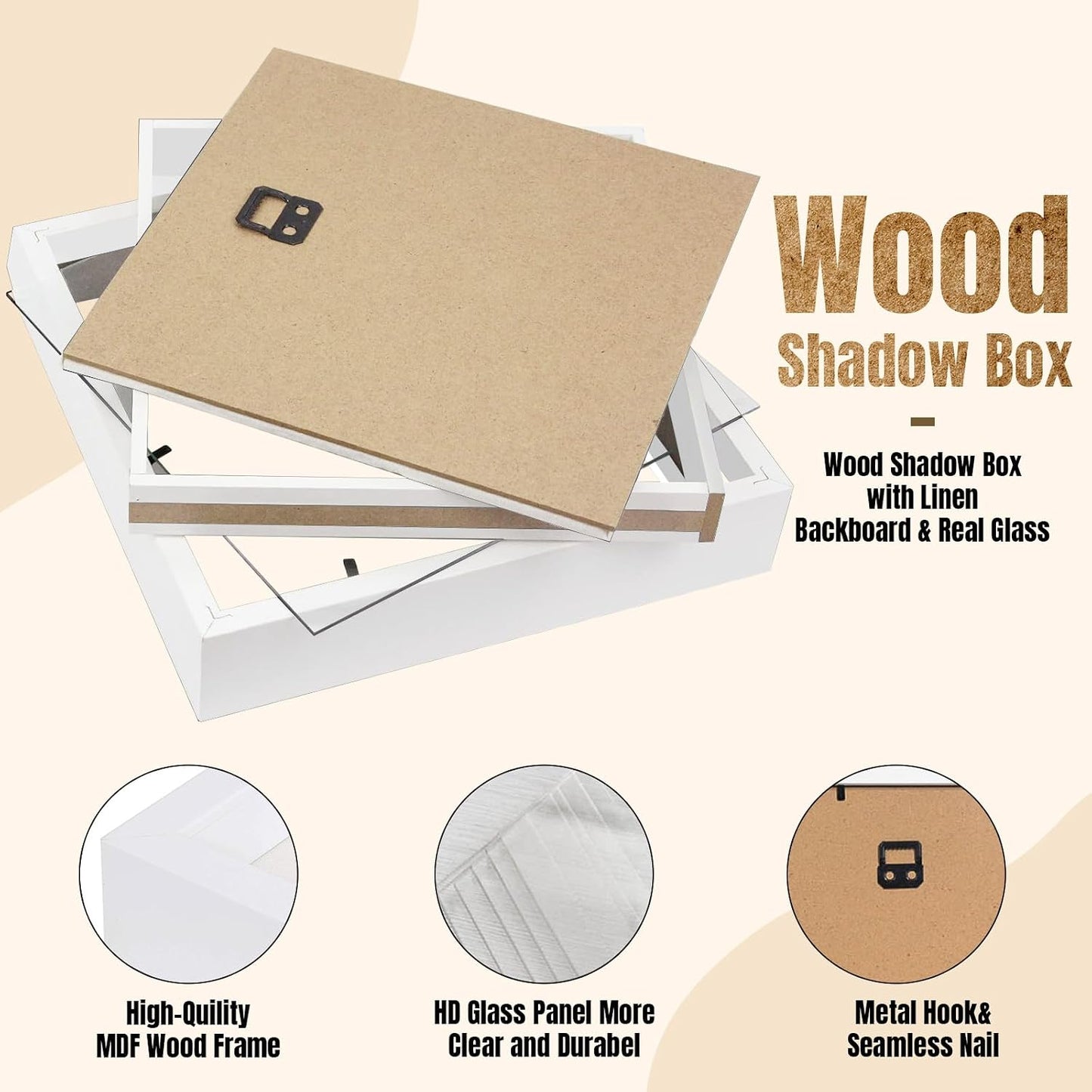 QDSSDECO 8" x 8" Shadow Box Display Case, Linen Back, 3 Pack White | Deep interior, real glass front, wall or tabletop