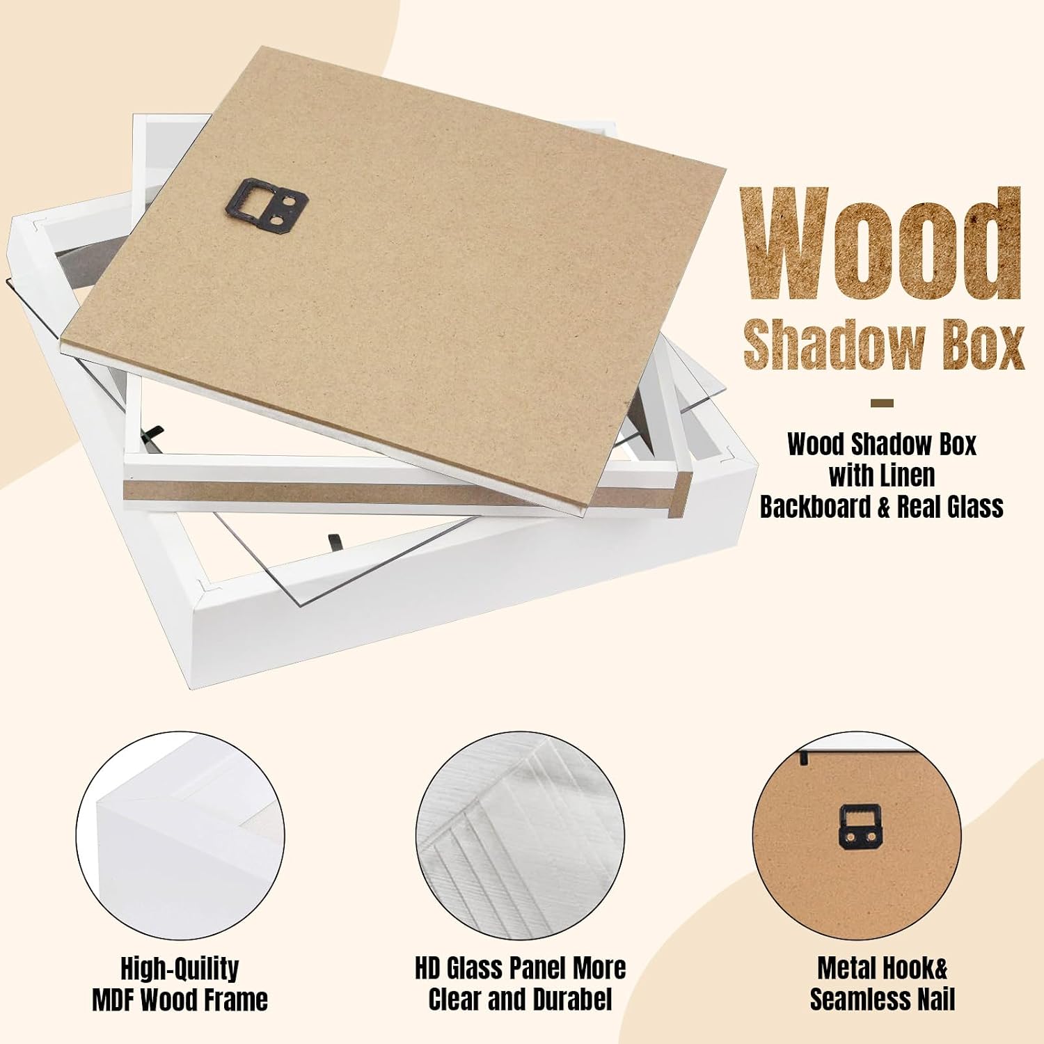 QDSSDECO 10" x 10" Shadow Box Display Case, Linen Back, 3 Pack White | Deep interior, real glass front, wall or