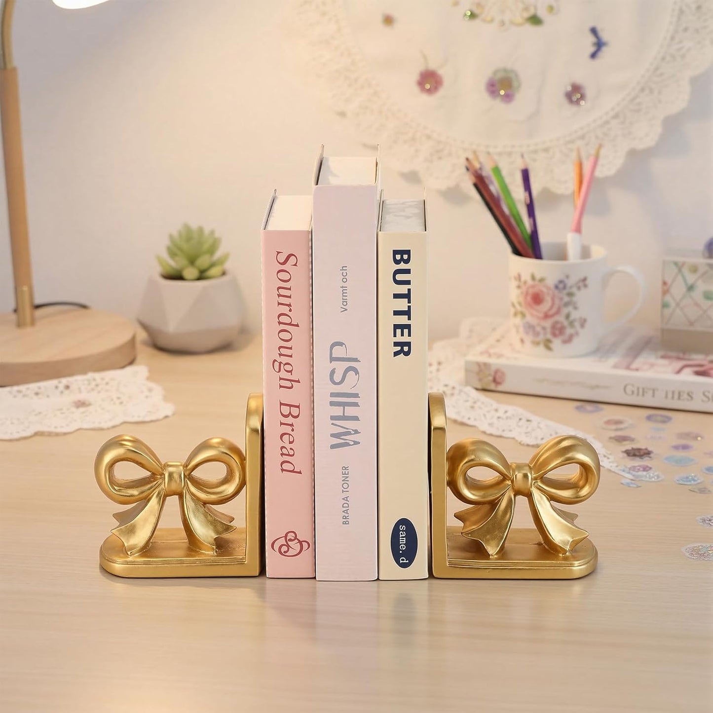 Bow Bookends Resin Bookends Heavy Duty Decorative Book Stand Decor Sculpture / Gold / Set of 2