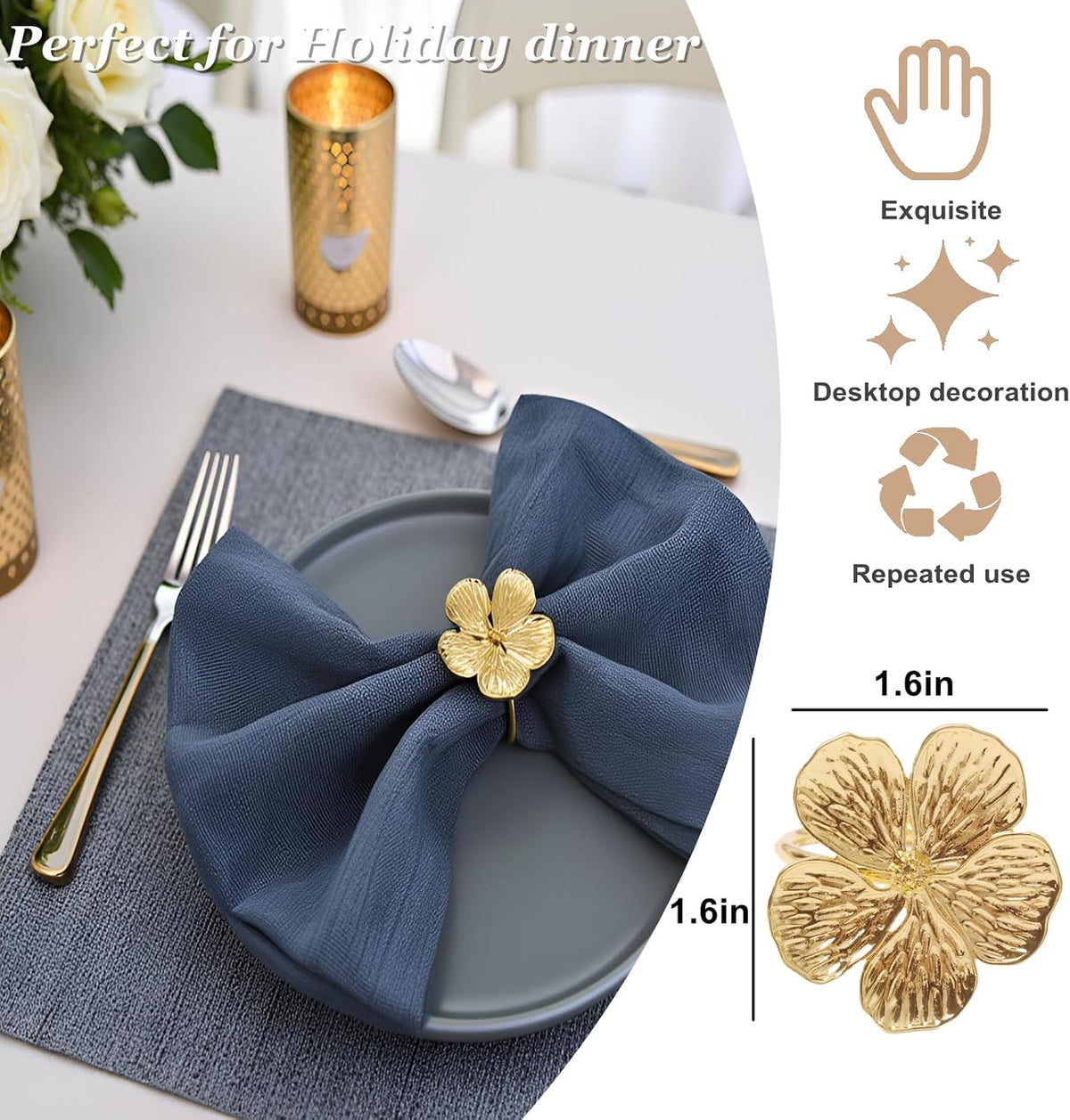 Flower Napkin Rings Set of 50, Shiny Fall Napkins Rings Gold Floral Holder | Wedding Season Banquet Party Décor Holiday