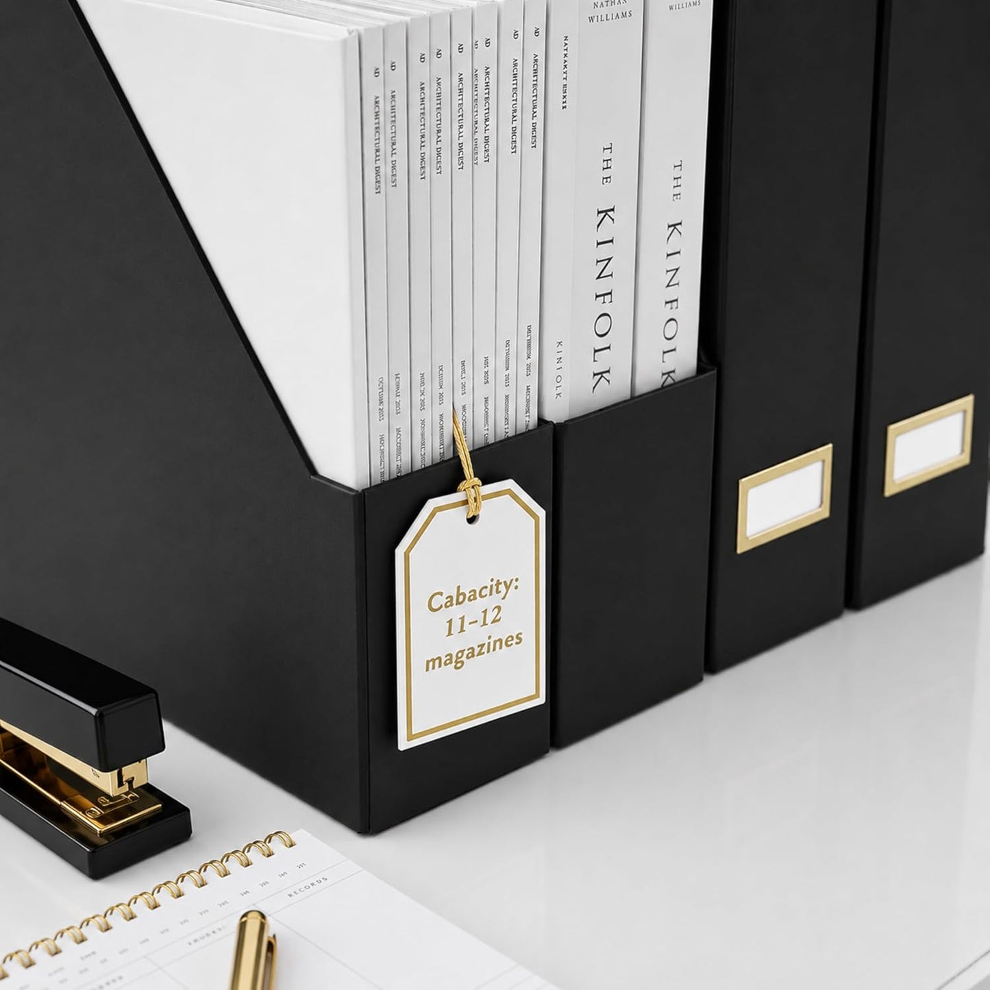 BLU MONACO | Cardboard Magazine File Holder Set of 6 Black | Vertical Magazine File Holder with Gold Label Slots