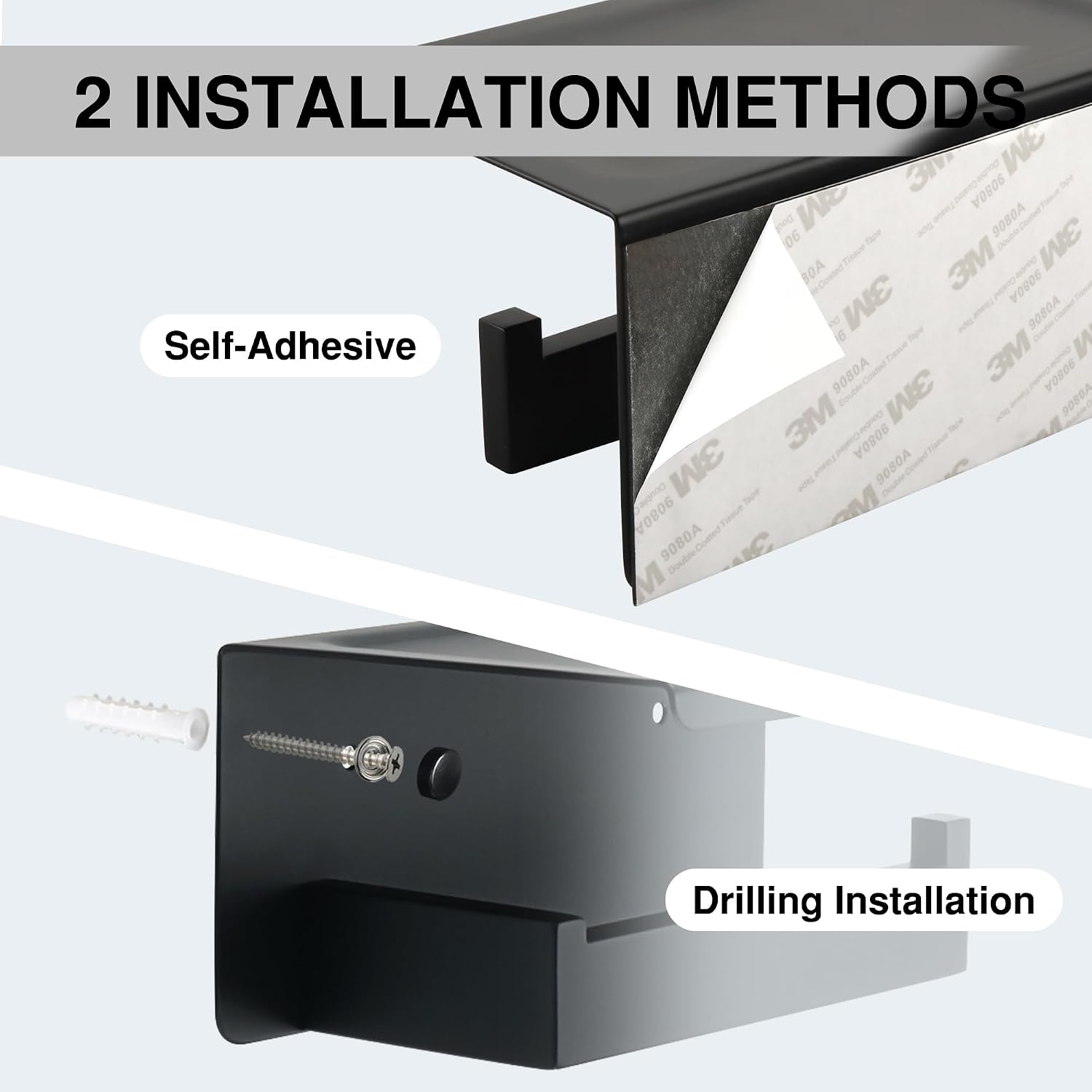 Alise Black Toilet Paper Holder with Shelf,Self Adhesive or Drilling | SUS304 Stainless Steel Adhesive Toilet Paper
