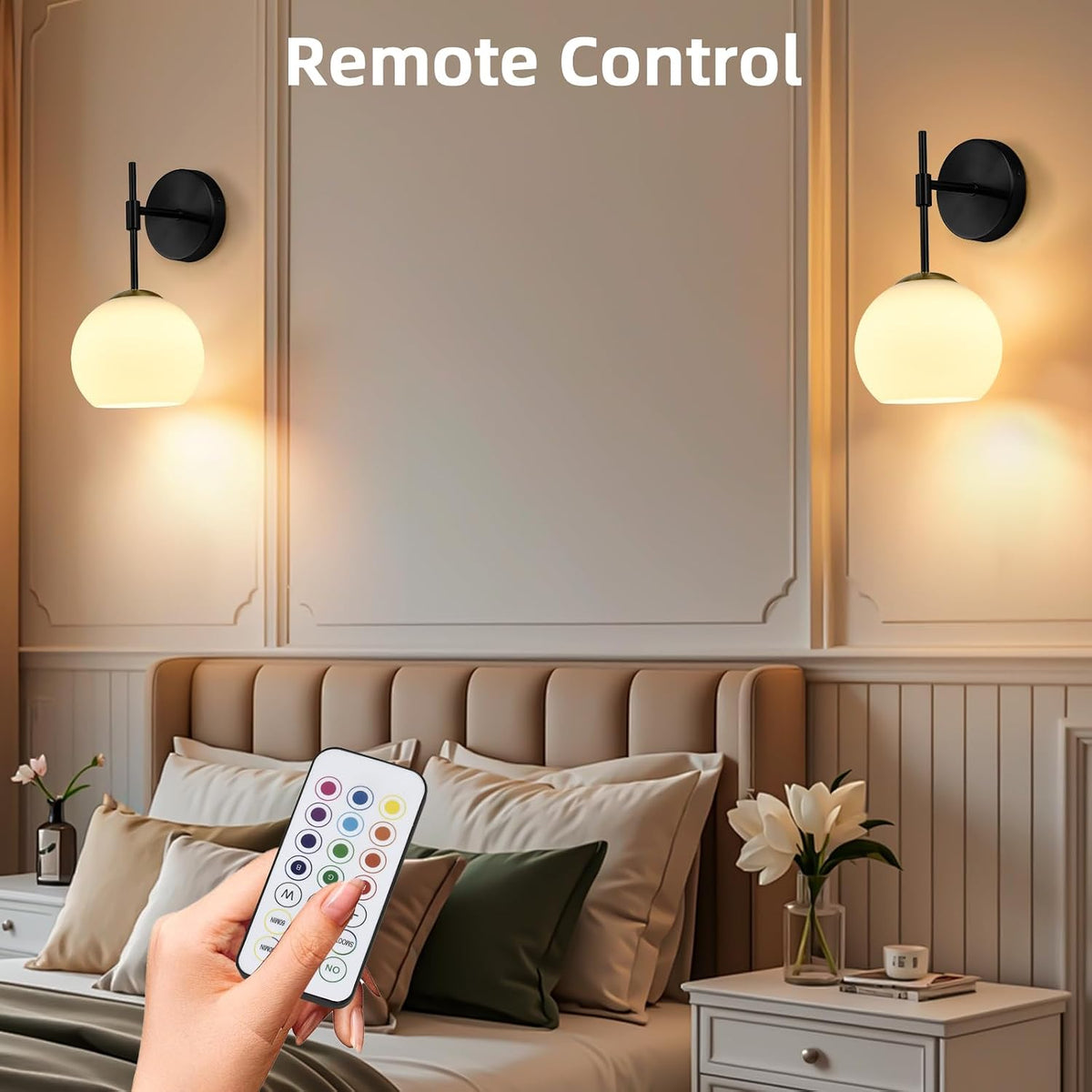 Battery Operated Wall Sconces Set of Two, Rechargeable, Black | Milk Glass Shade, 12 RGB & 3CCT Dimmable, Wireless Wall