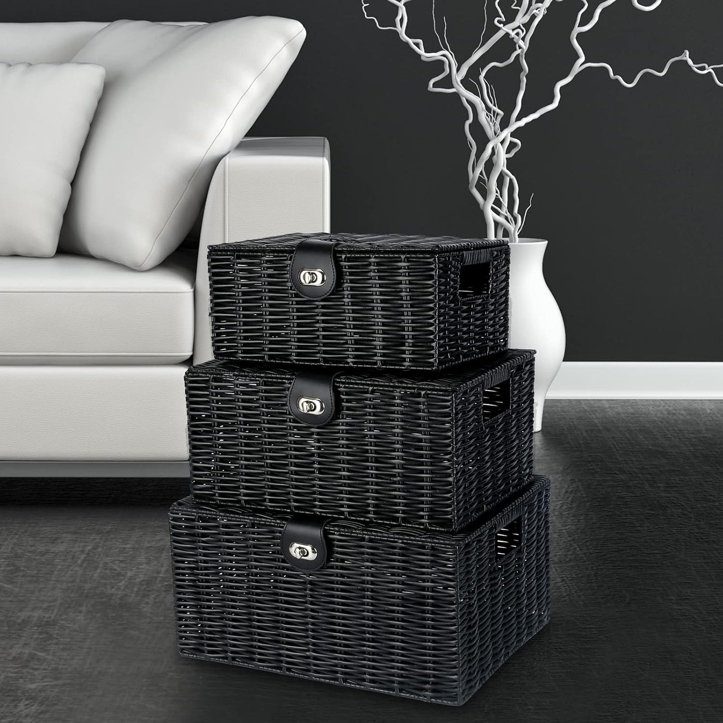 Woven Basket / Wicker Storage Baskets / Black / Set of 3