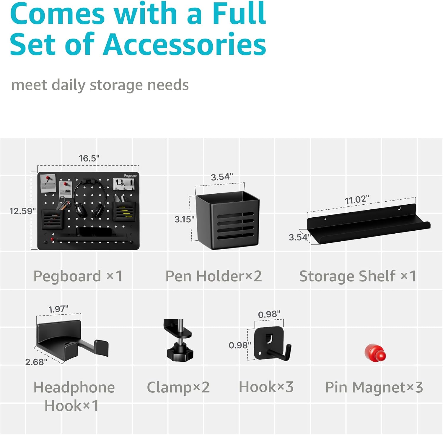 Clamp on Desk Pegboard, 16.5" x 12.6", with 10 Accessories, Black | Magnetic Metal Peg Board, Desk Organizer for Office