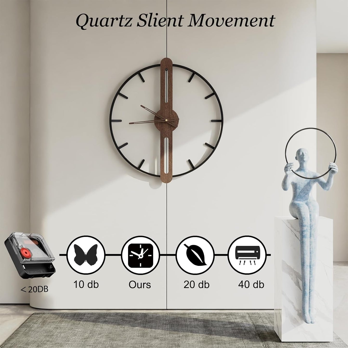 Modern Walnut Dial Wall Clock, Wood Large Wall Clock Decor Metal Frame Silent Non Ticking for Living Room, Bedroom