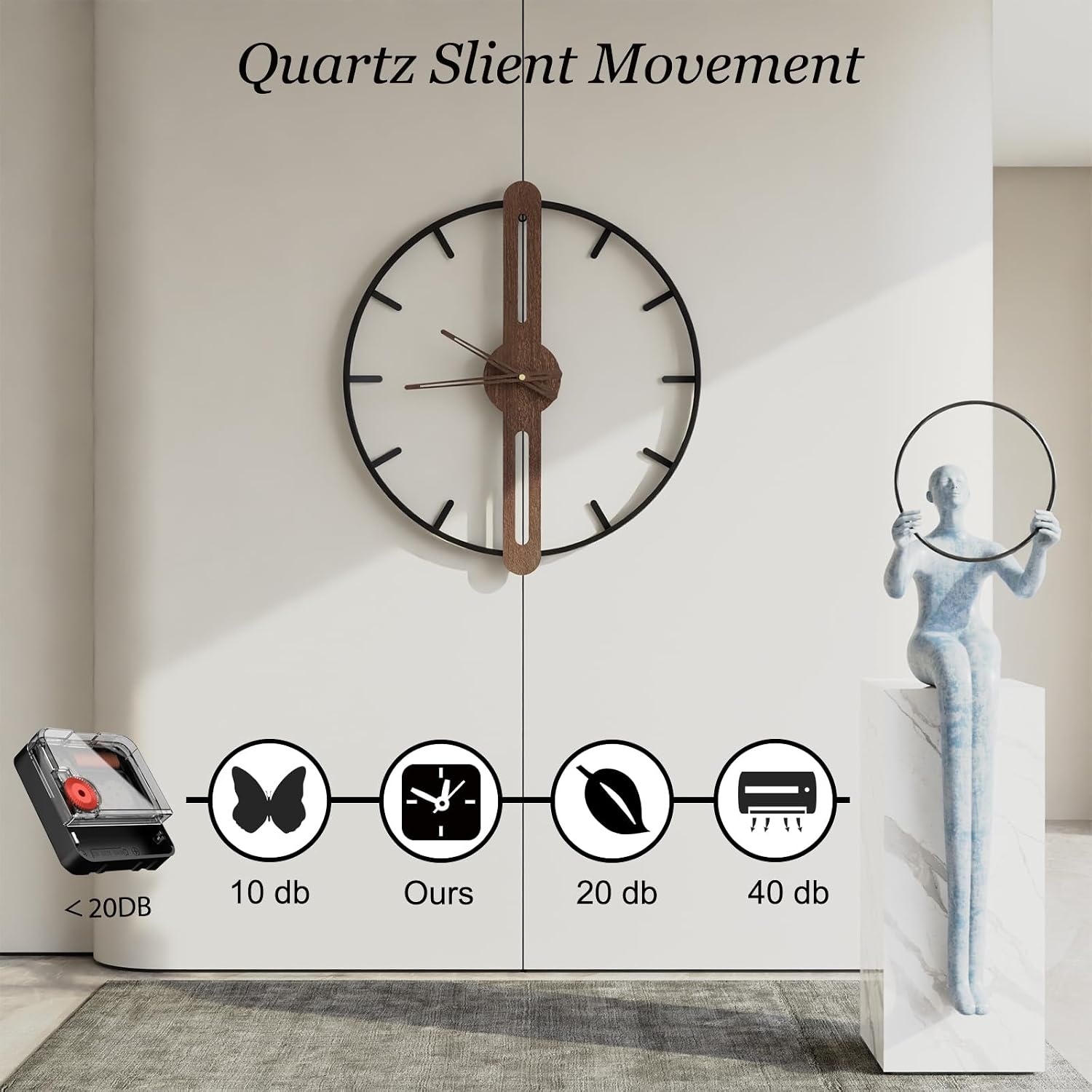 Modern Walnut Dial Wall Clock, Wood Large Wall Clock Decor Metal Frame Silent Non Ticking for Living Room, Bedroom
