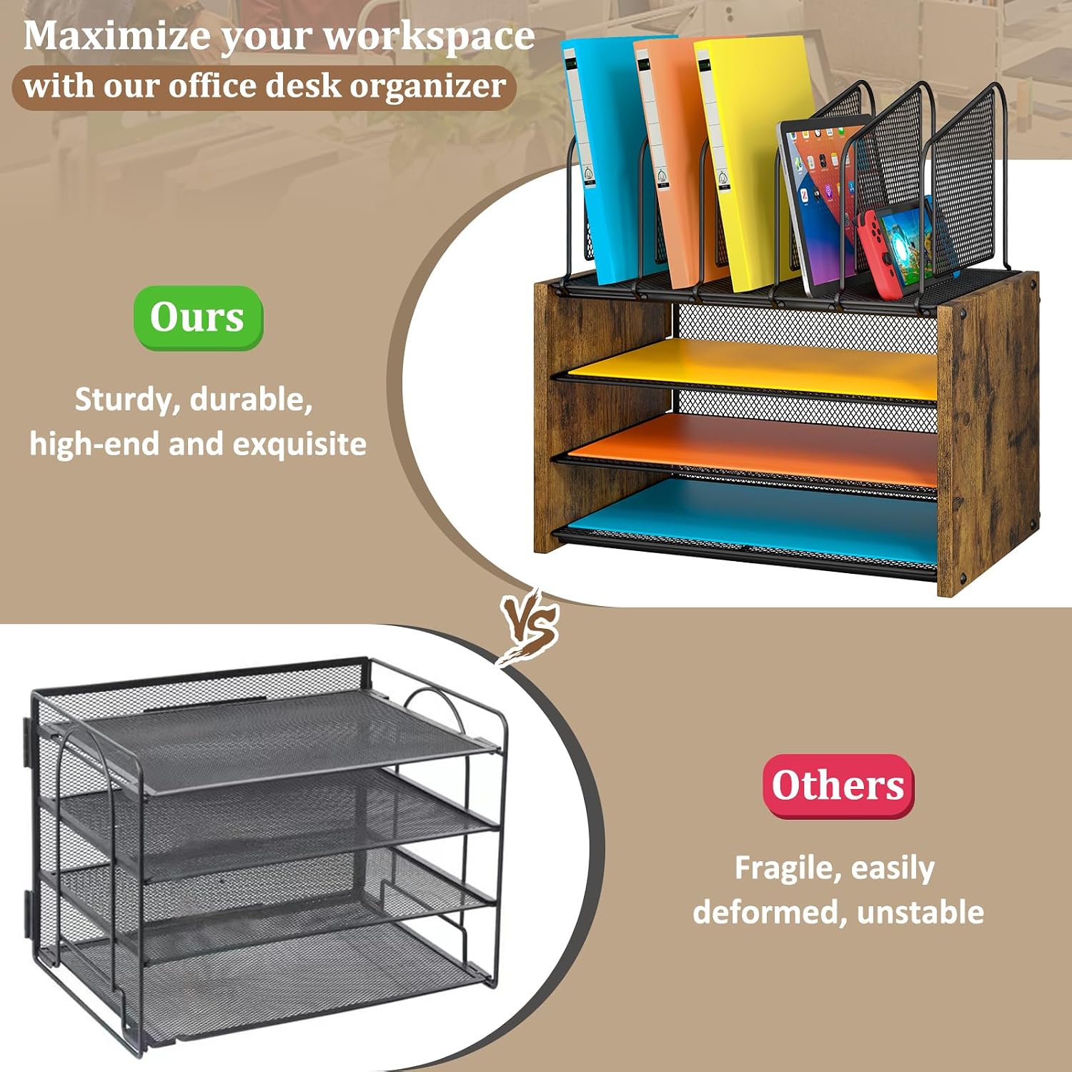 4-Tier Desk Organizer, Desk File Organizer with 5 Vertical File Holders, Office Desktop Organizer with 3 Level Paper