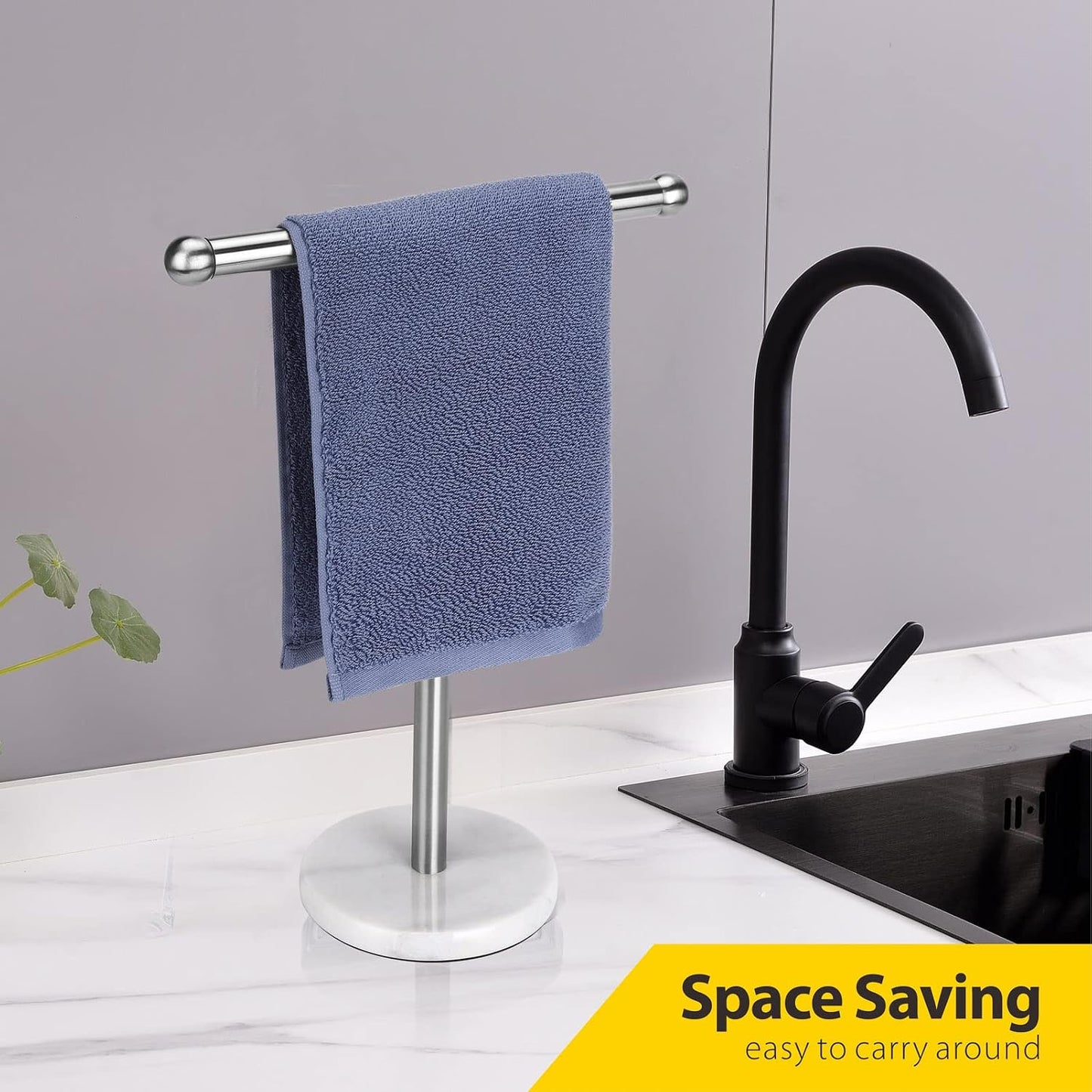 Hand Towel Holder Stand with Heavy Marble Base, T-Shape Towel Rack, Free-Standing for Bathroom Vanity Countertop, 304