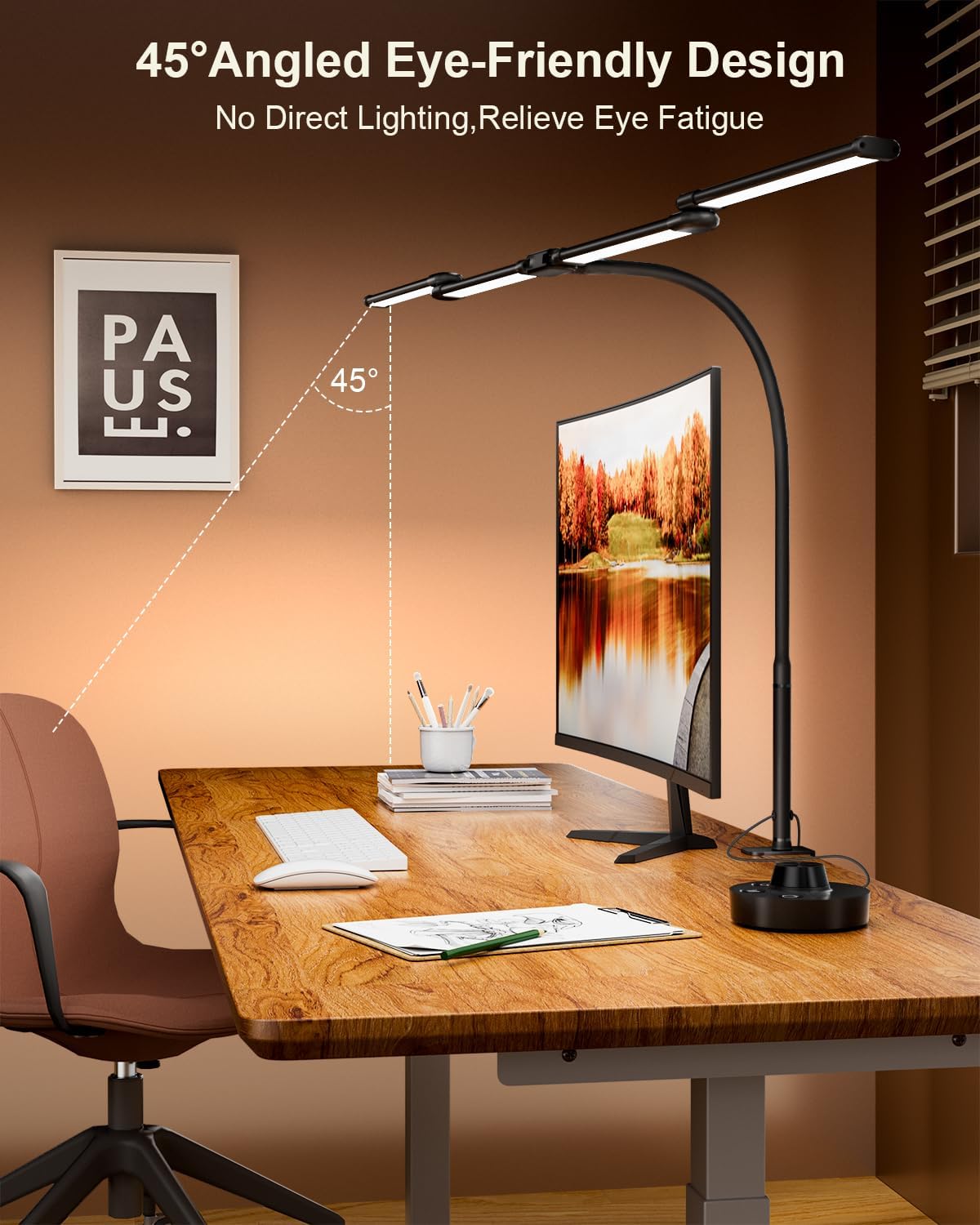 Desk Lamp Clamp Light 24W, Ultra Wide 4 Head Bars, 5 Color Modes Dimming, Multi-Screen Setup for Office, Architect