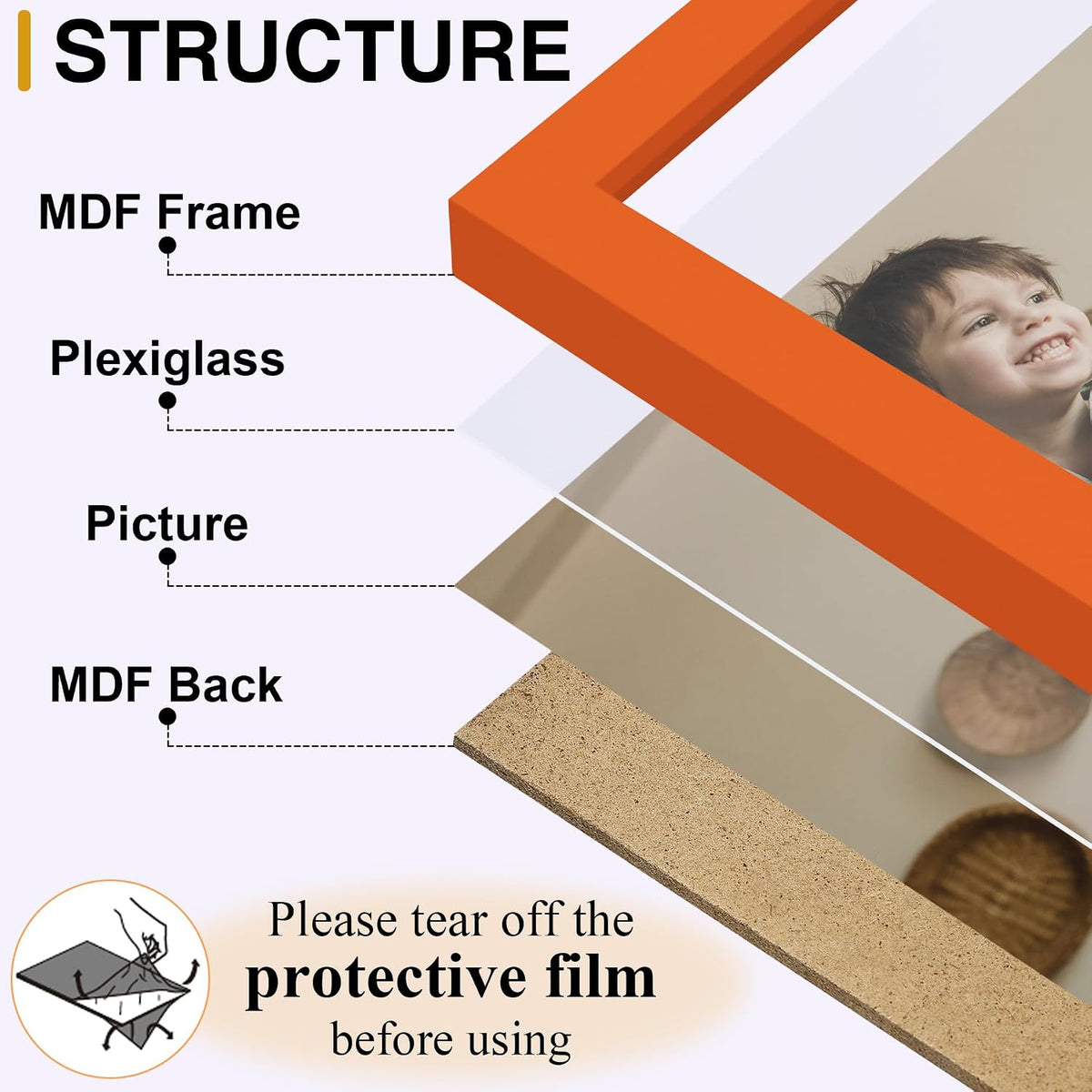 decorUhome Orange Triple 8x10 Picture Frame Vertical, MDOR08 | "Z" Shape Folding Design Engineered Wood Trifold Photo