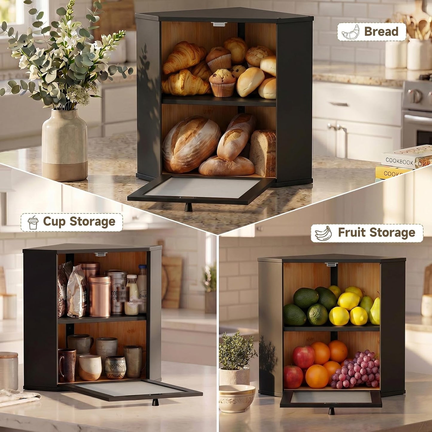 Bread Box for Kitchen Corner Countertop,Large Bread Basket (Black, X-Large) | Double Layer Bamboo Bread Storage