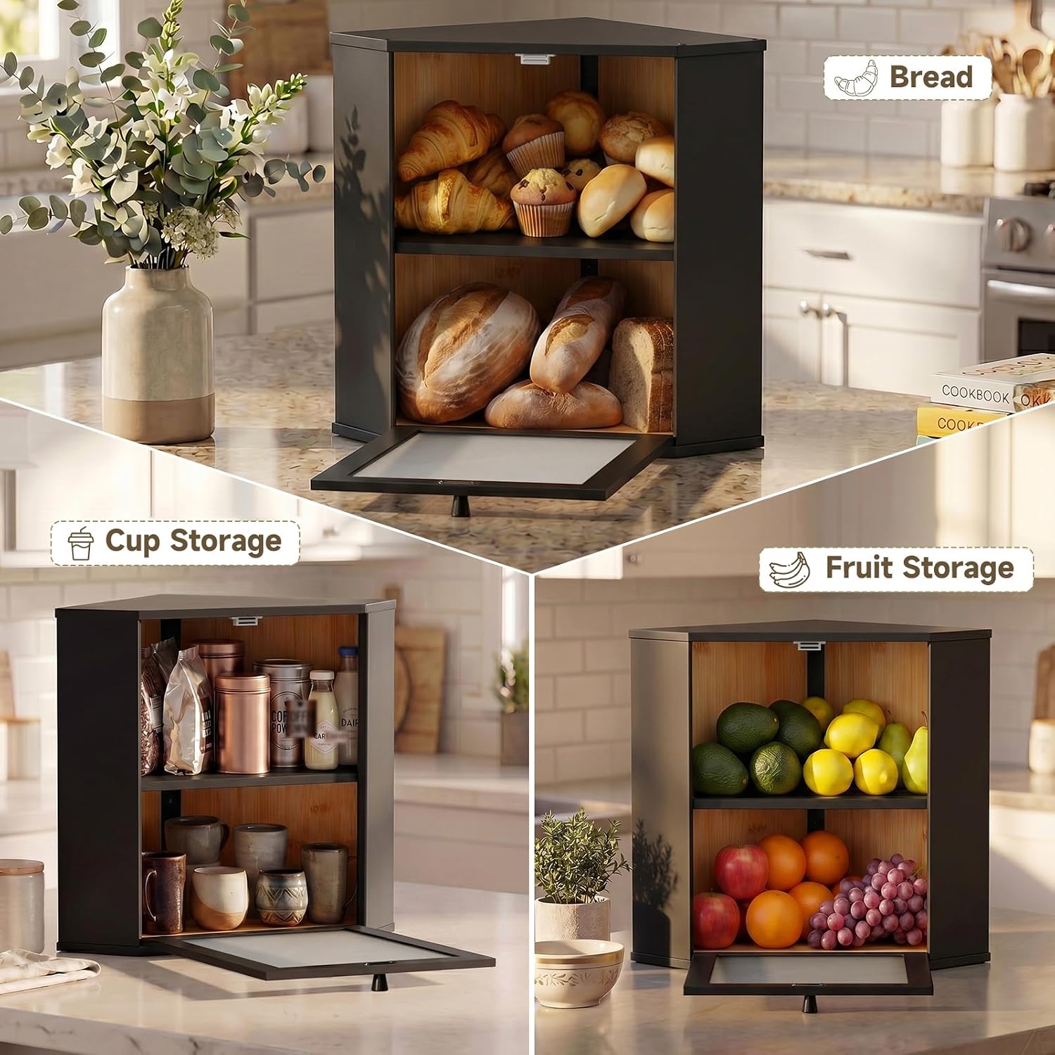Bread Box for Kitchen Corner Countertop,Large Bread Basket (Black, X-Large) | Double Layer Bamboo Bread Storage
